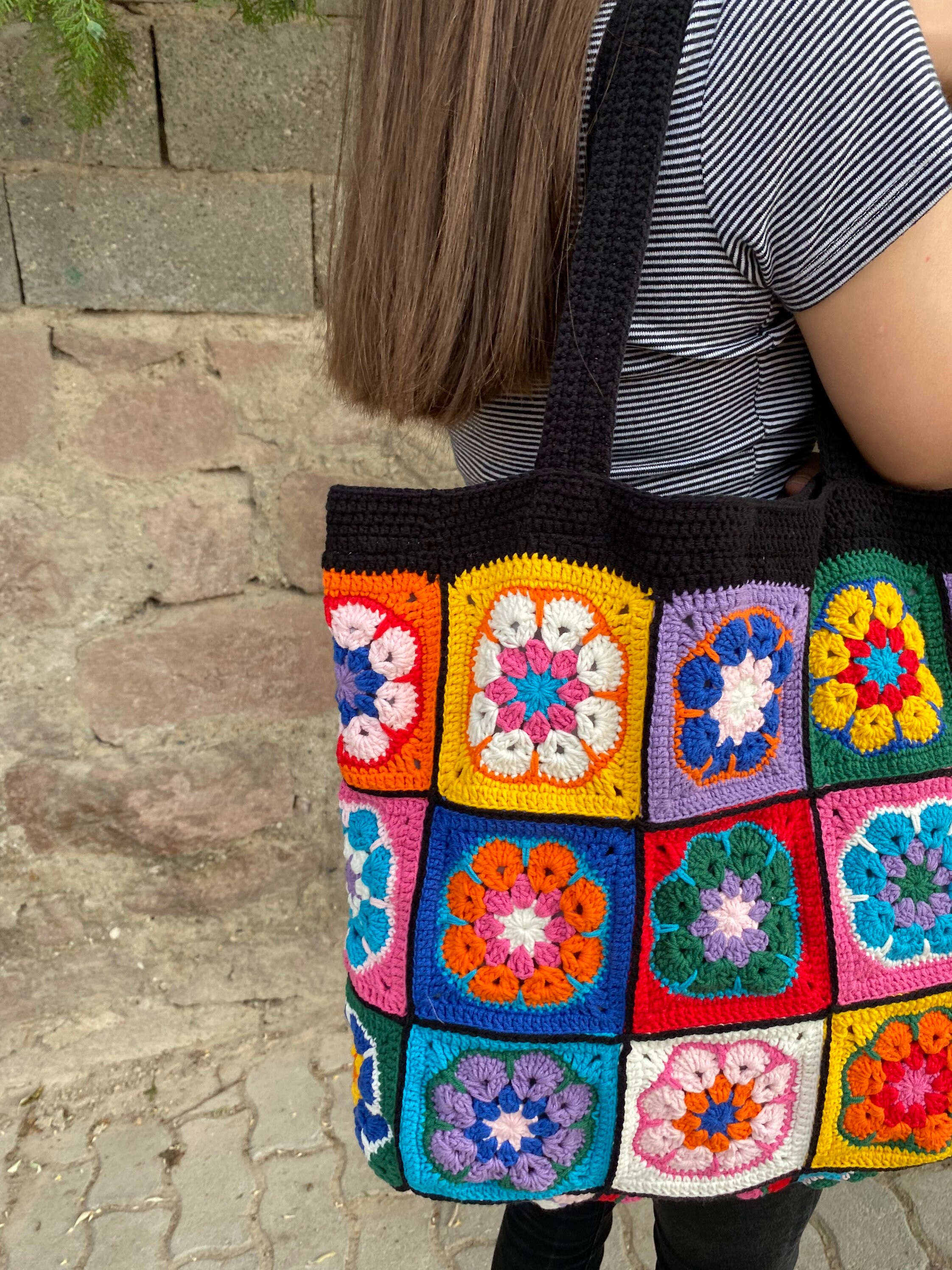 Granny Square Bag, Crochet Flower Bag, Granny Square Shoulder Bag, Crochet Afghan Bag, Summer Bag, Boho Bag, Vintage Style, Hippie Bag, Gift