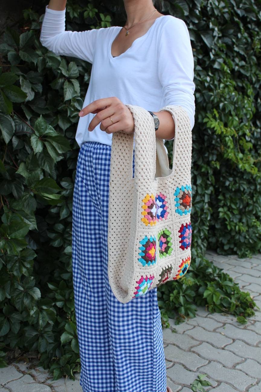 Granny Square Bag, Crochet Market Bag, Summer Bag, Crochet Tote Bag, Afghan Bag, Hippie Bag, Crochet Purse, Crochet Afghan Bag, Bohemian Bag