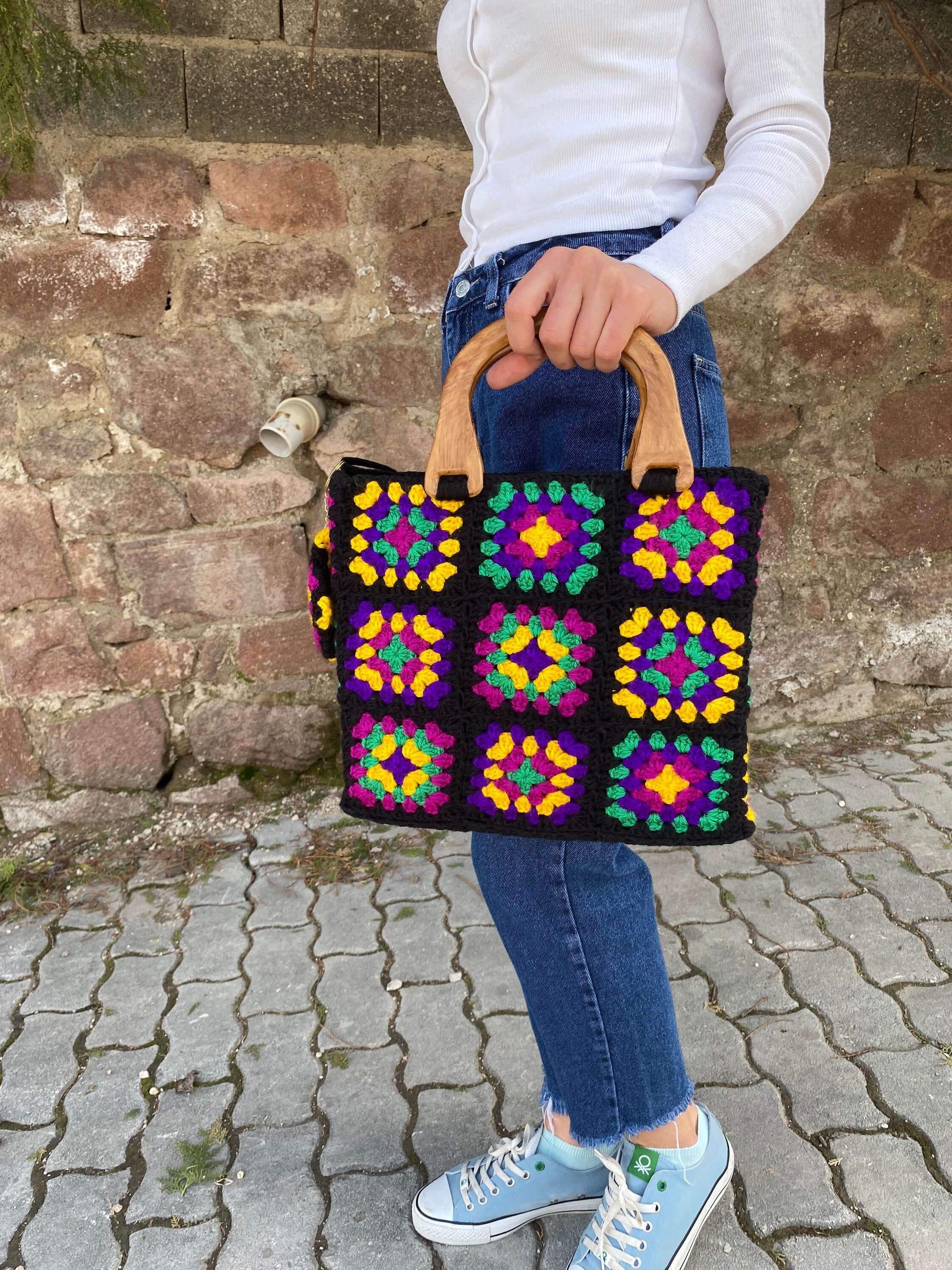 Granny Square Bag, Crochet Purse, Afghan Top Handle Bag, Crochet Tote Bag, Vintage Style, Boho Pu... — photo 5 of 10