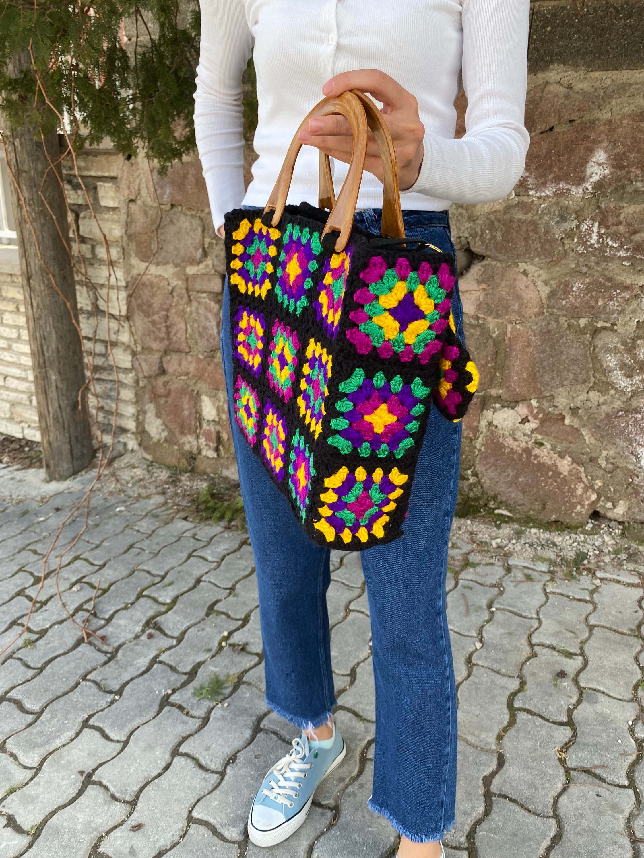 Granny Square Bag, Crochet Purse, Afghan Top Handle Bag, Crochet Tote Bag, Vintage Style, Boho Pu... — photo 7 of 10
