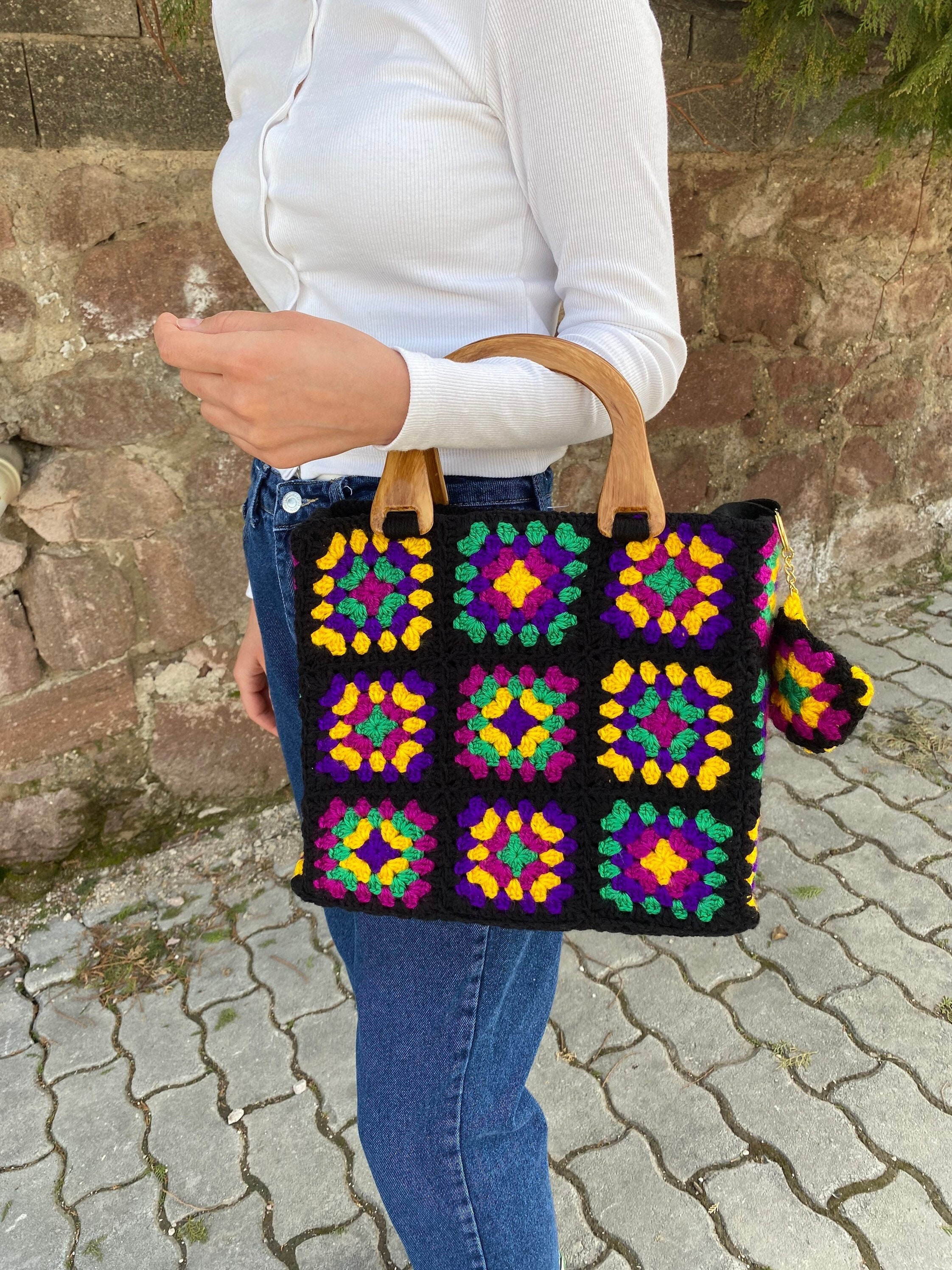 Granny Square Bag, Crochet Purse, Afghan Top Handle Bag, Crochet Tote Bag, Vintage Style, Boho Pu... — photo 6 of 10