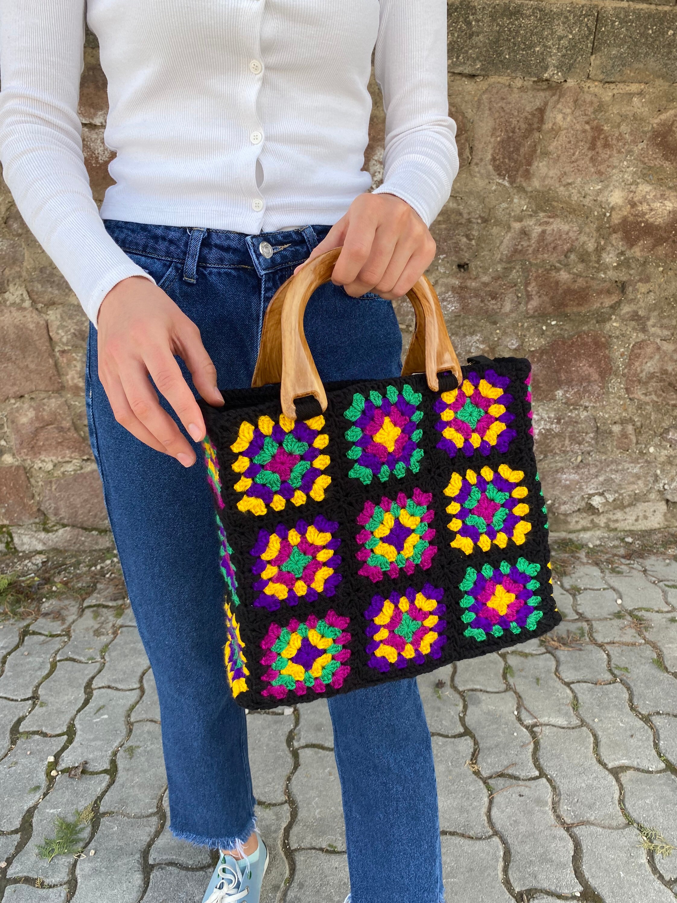 Granny Square Bag, Crochet Purse, Afghan Top Handle Bag, Crochet Tote Bag, Vintage Style, Boho Pu... — photo 3 of 10