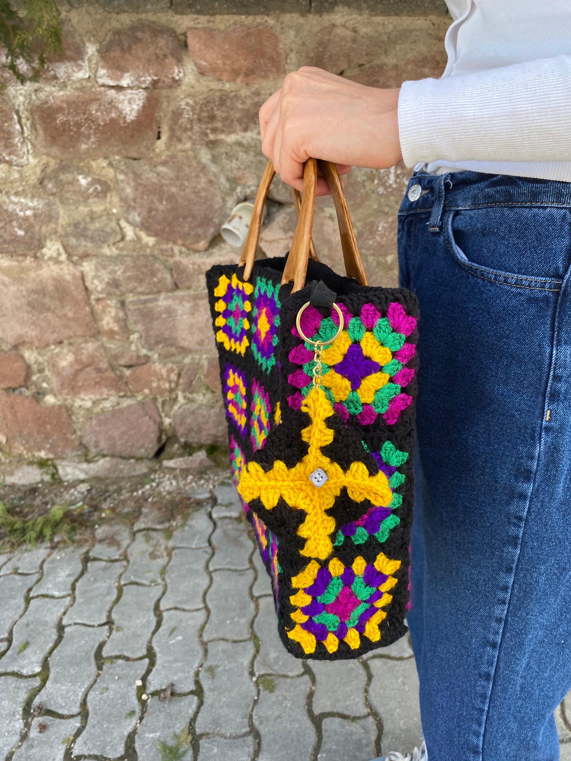 Granny Square Bag, Crochet Purse, Afghan Top Handle Bag, Crochet Tote Bag, Vintage Style, Boho Purse, Retro Bag, Hippie Bag, Gift for Her