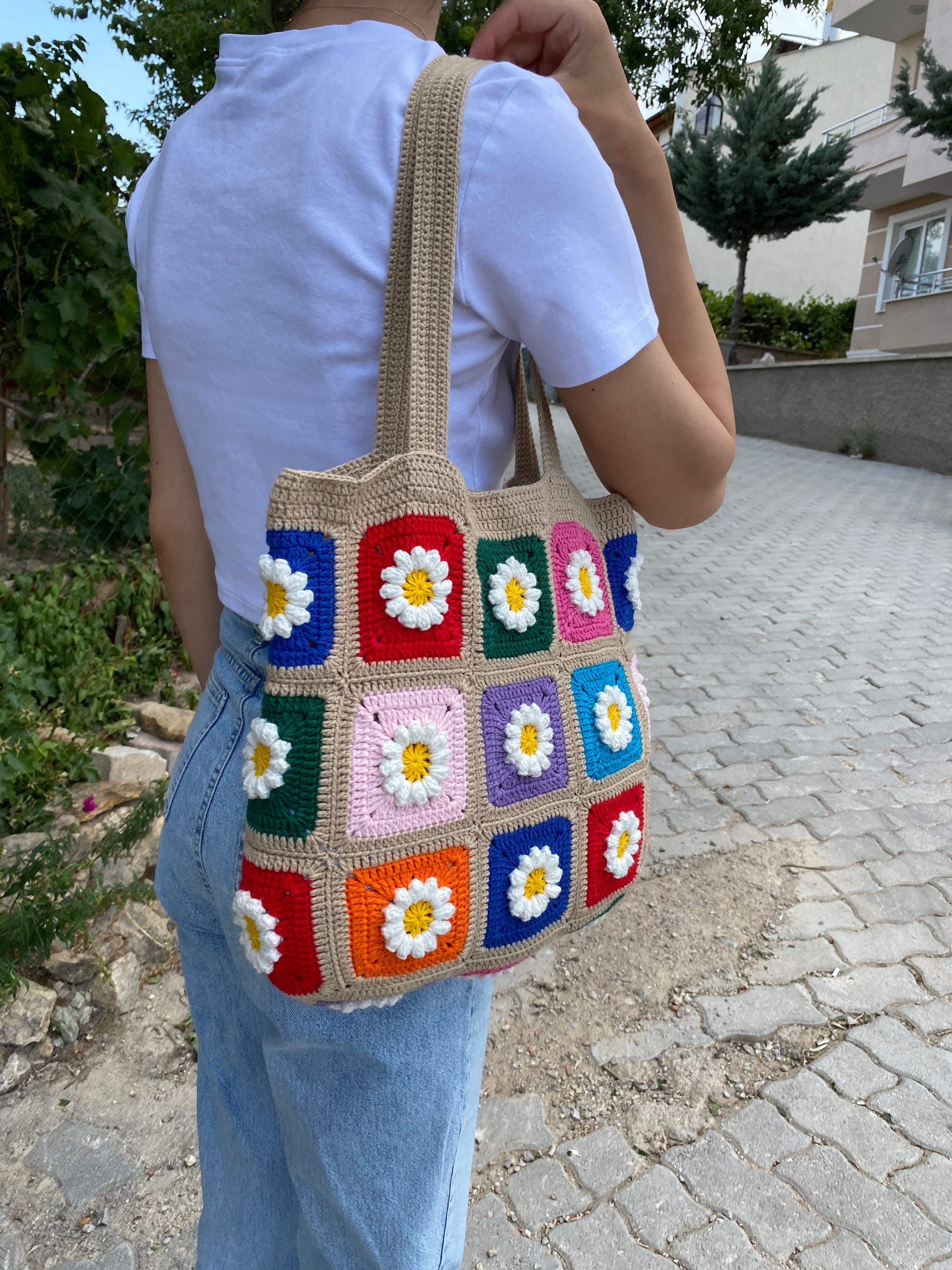 Granny Square Bag, Daisy Crochet Bag, Cotton Beige Bag, Floral Afghan Bag, Boho Bag, Vintage Styl... — photo 7 of 10