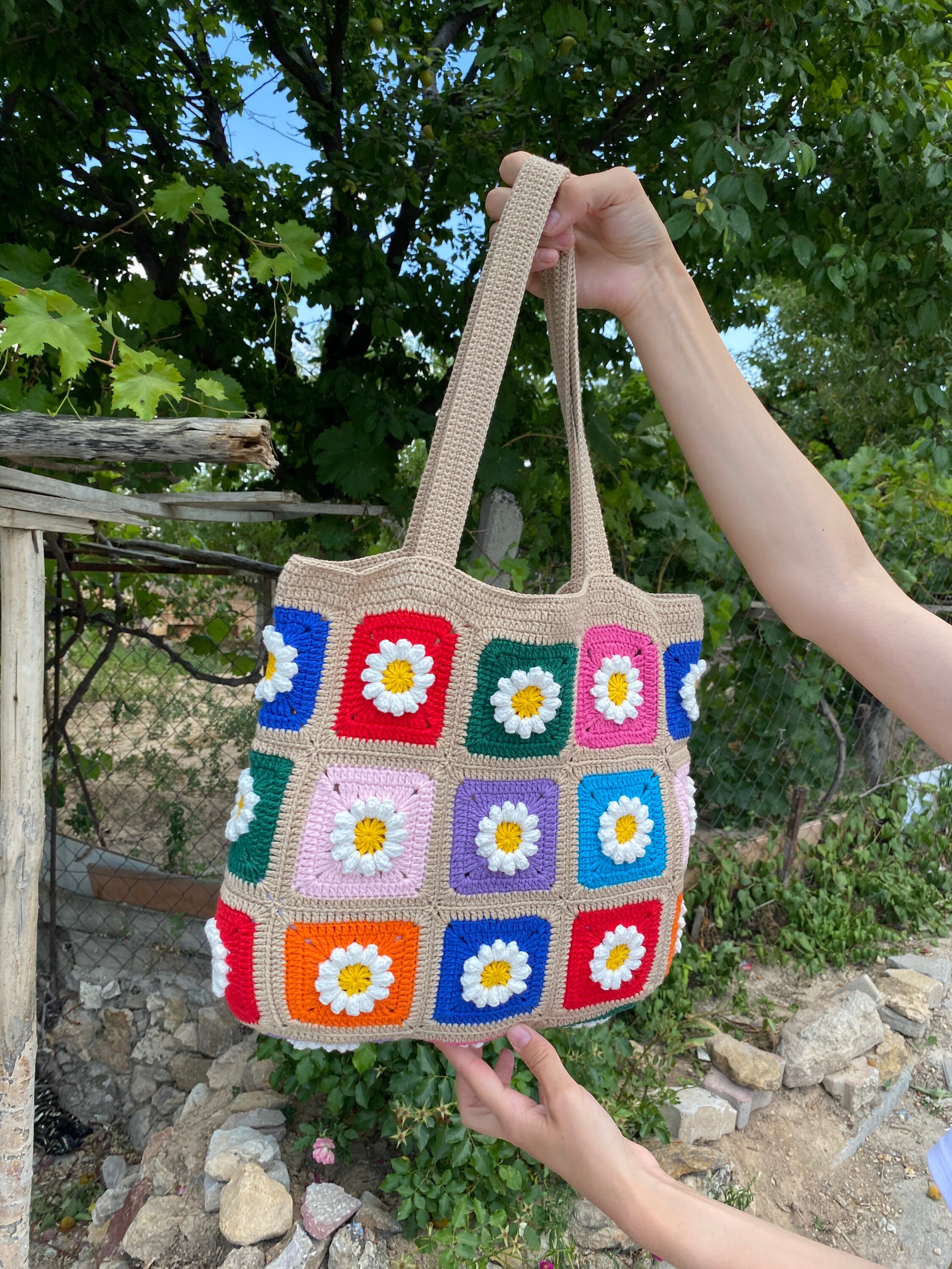 Granny Square Bag, Daisy Crochet Bag, Cotton Beige Bag, Floral Afghan Bag, Boho Bag, Vintage Styl... — photo 5 of 10