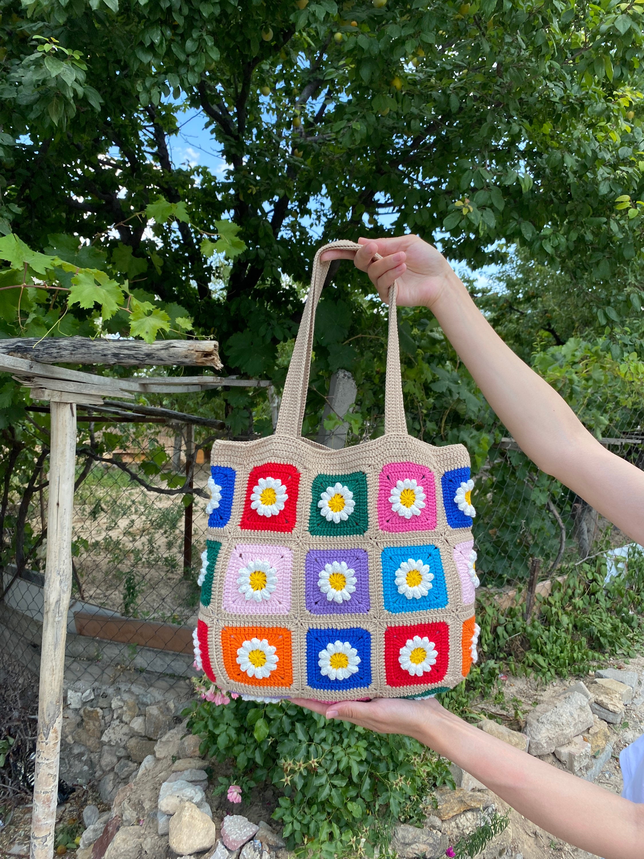 Granny Square Bag, Daisy Crochet Bag, Cotton Beige Bag, Floral Afghan Bag, Boho Bag, Vintage Styl... — photo 6 of 10