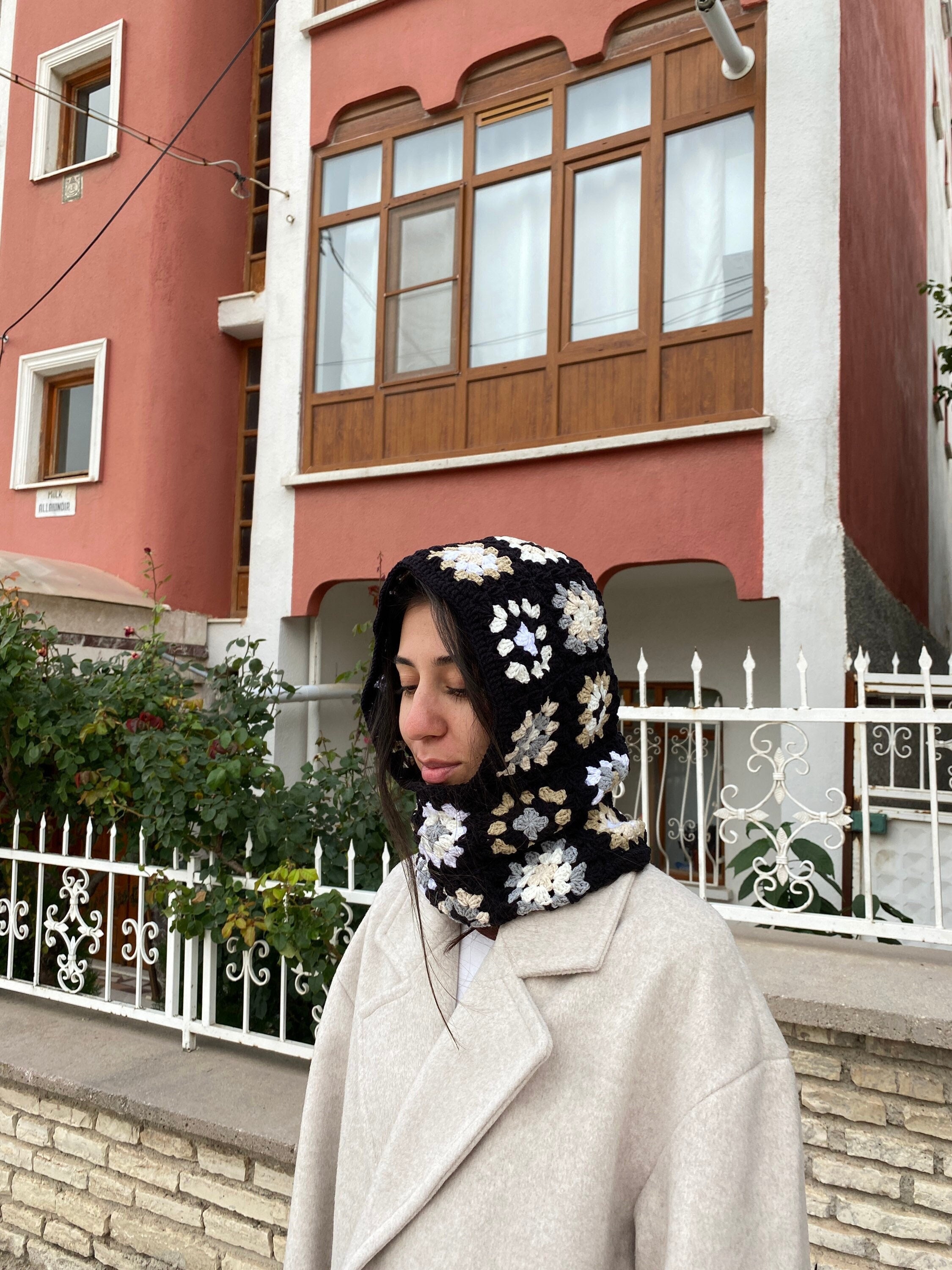 Granny Square Balaclava, Black White Hat, Crochet Balaclava, Crochet Hoodie, Granny Square Hoodie, Winter Hat, Stylish Balaclava, Gift