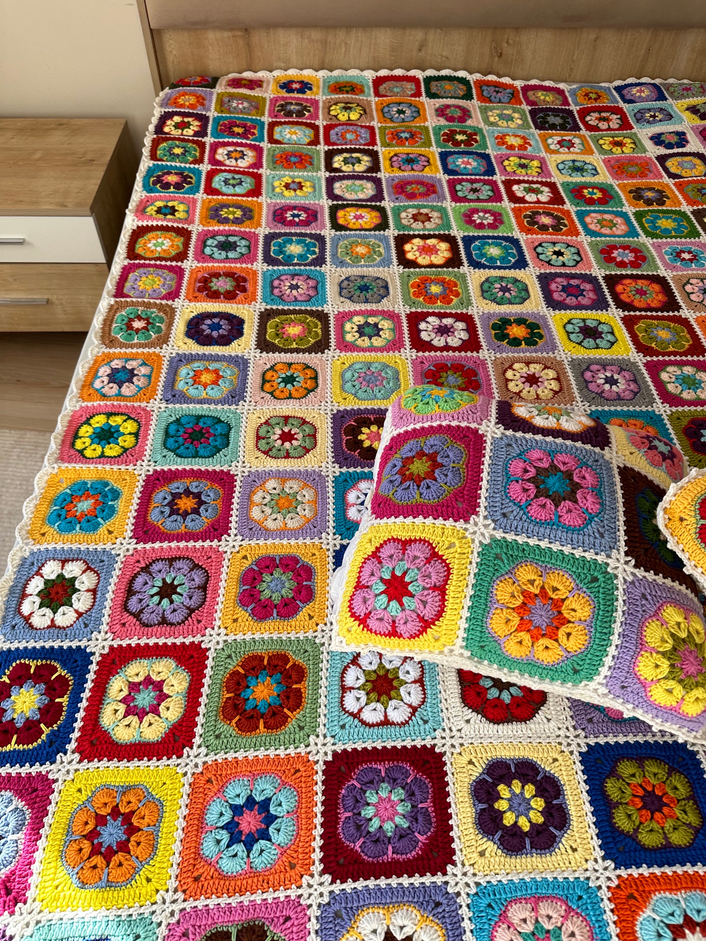 Granny Square Blanket, Afghan Crochet Blanket, Granny Square Couch Blanket,  Crochet Tv Blanket, Cotton Sofa Blanket, Knitting Bedspread
