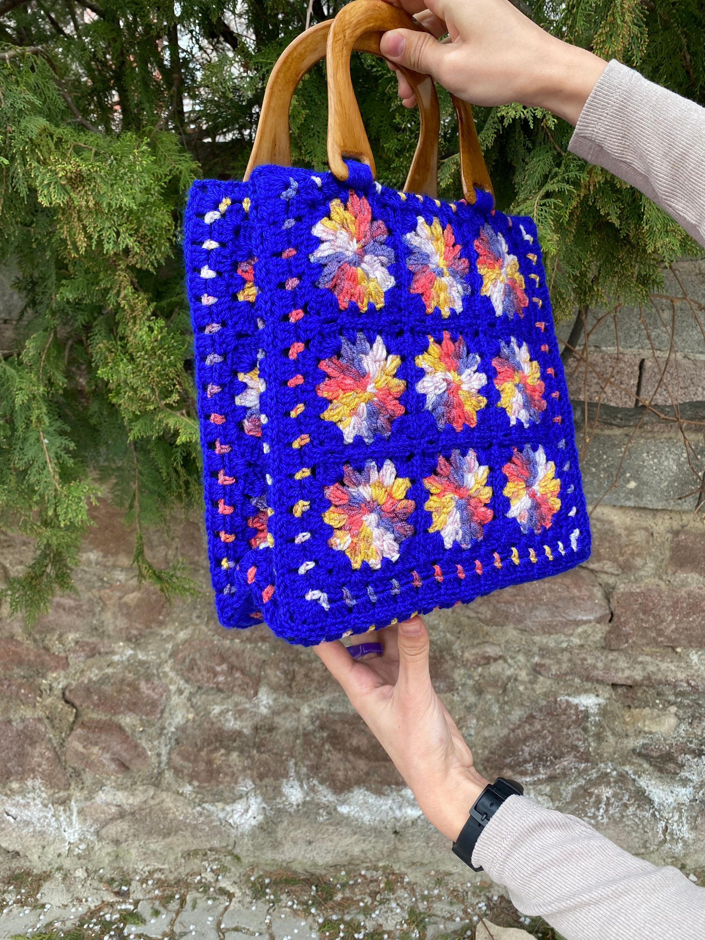 Granny Square Blue Bag, Afghan Top Handle Bag, Crochet Purse, Crochet Tote Bag, Vintage Style, Re... — photo 2 of 10