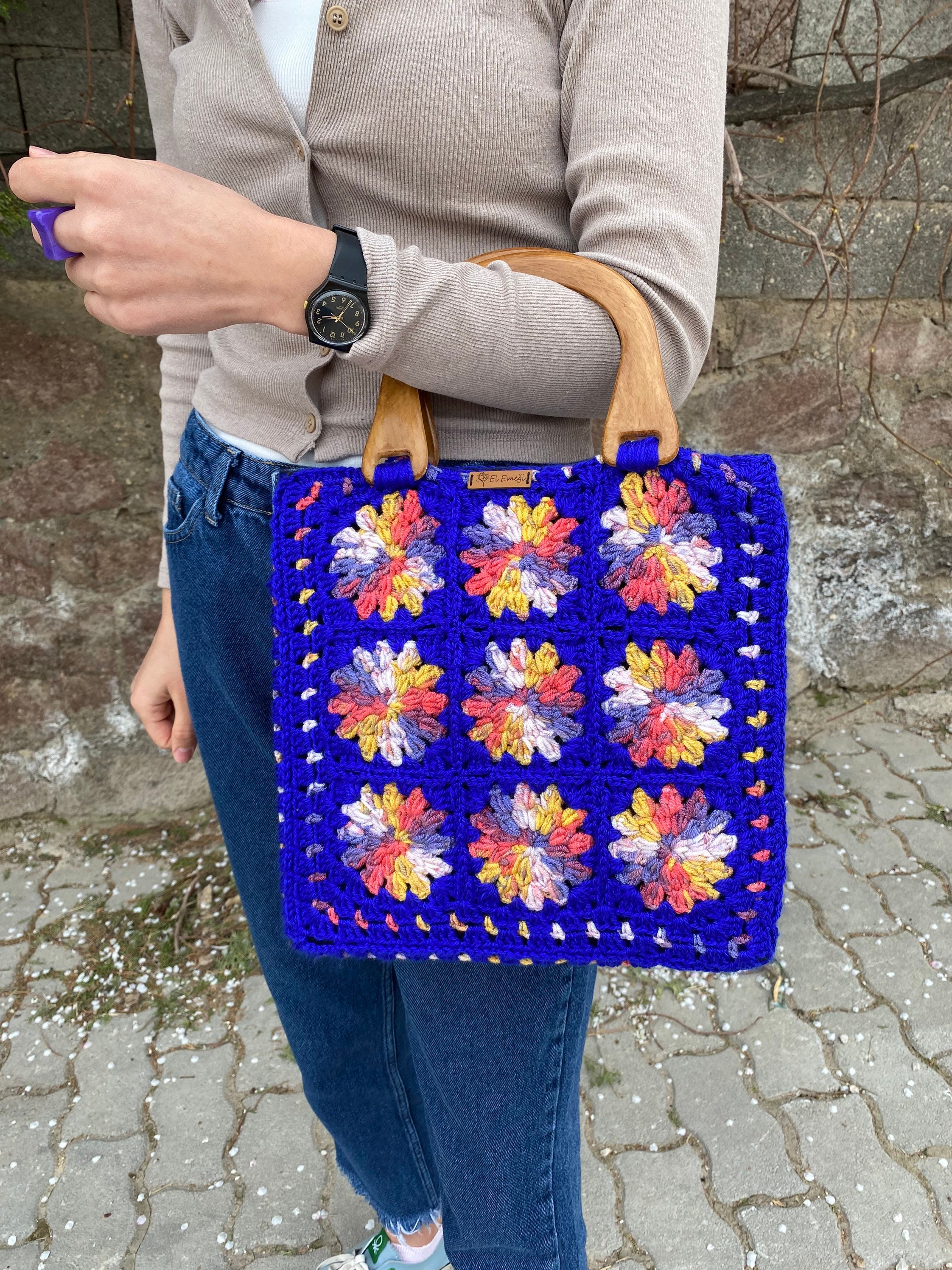 Granny Square Blue Bag, Afghan Top Handle Bag, Crochet Purse, Crochet Tote Bag, Vintage Style, Re... — photo 4 of 10
