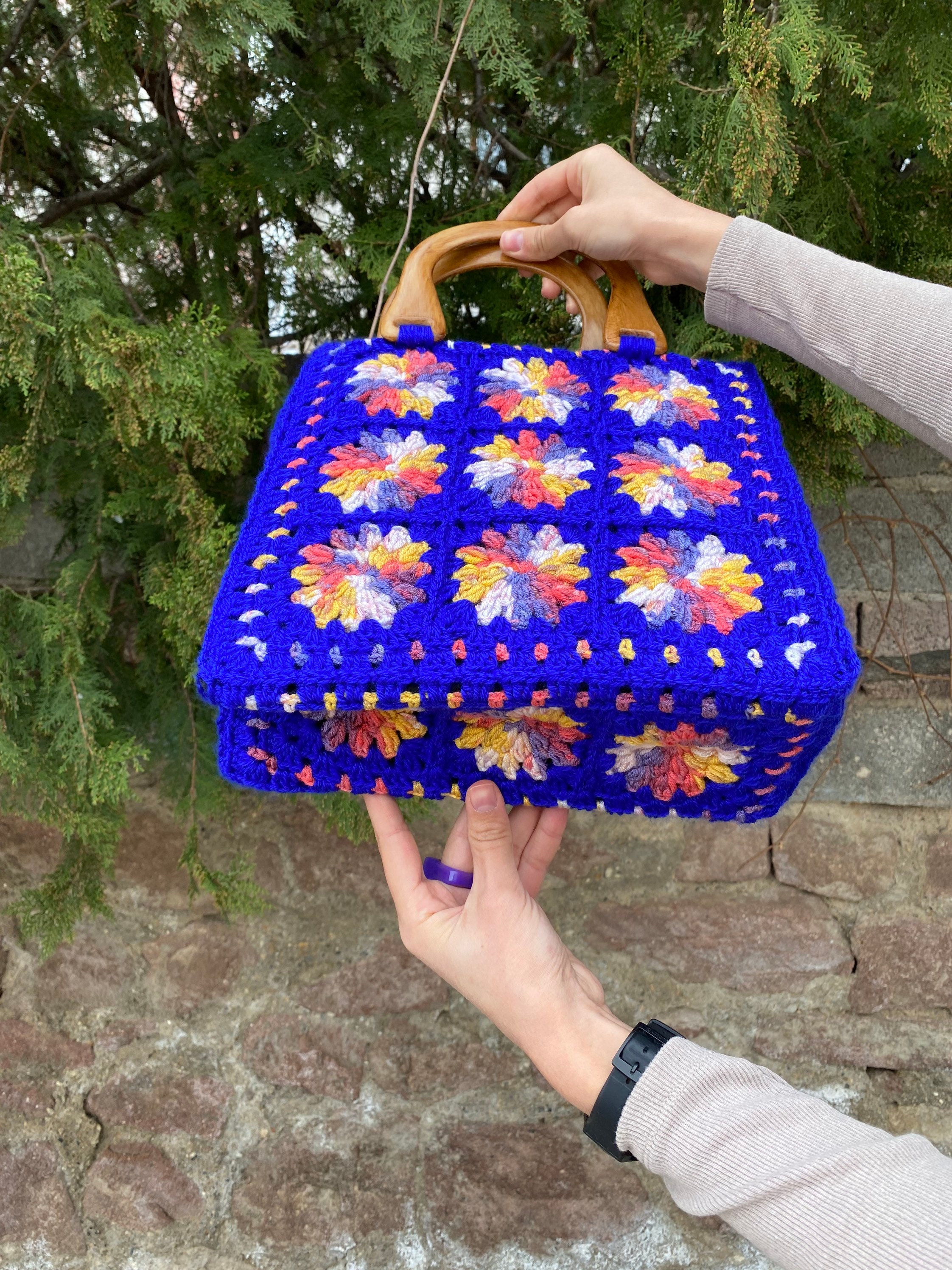 Granny Square Blue Bag, Afghan Top Handle Bag, Crochet Purse,  Crochet Tote Bag, Vintage Style, Retro Bag, Hippie Bag, Gift for Her