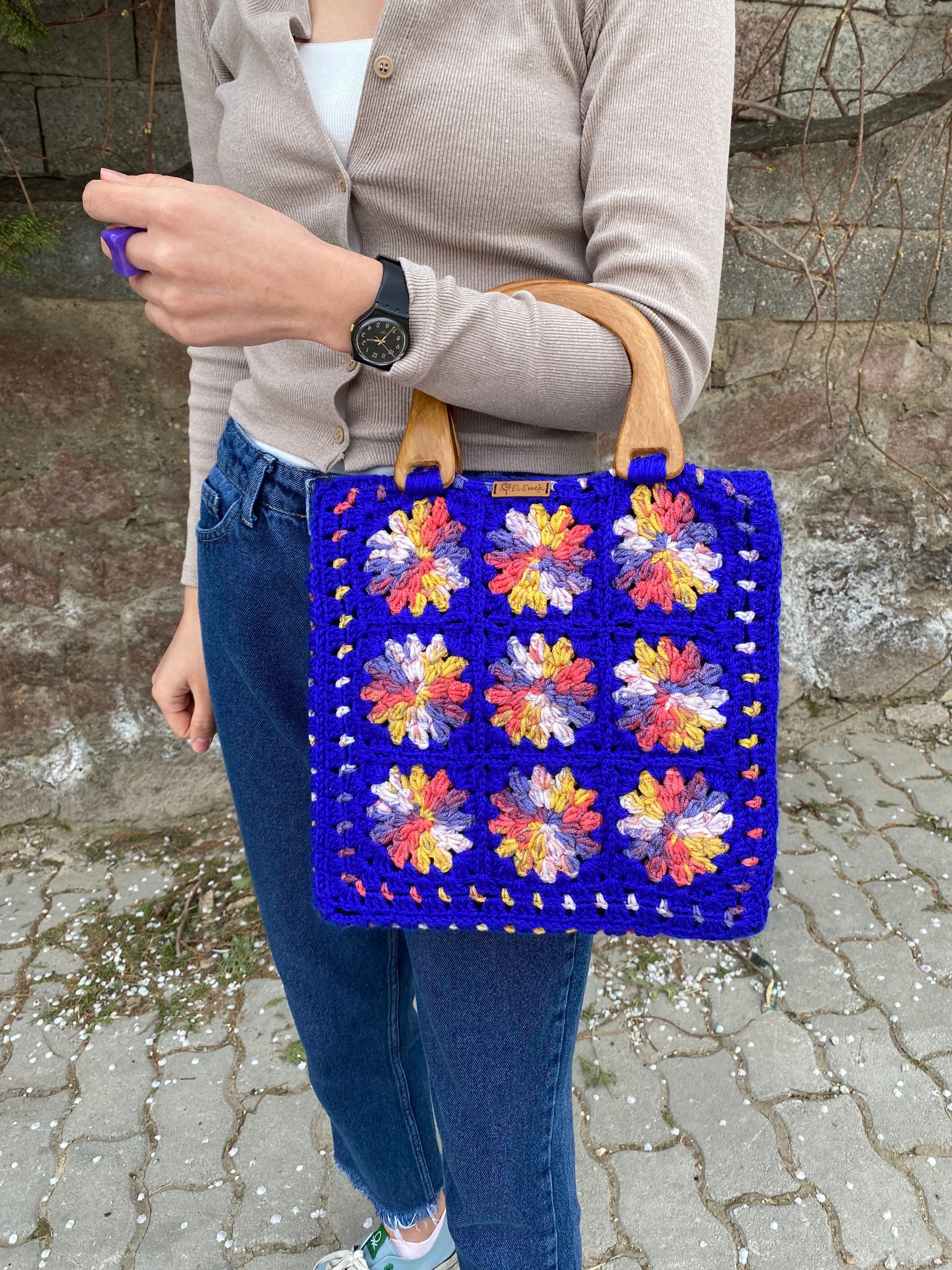 Granny Square Blue Bag, Afghan Top Handle Bag, Crochet Purse, Crochet Tote Bag, Vintage Style, Re... — photo 5 of 10