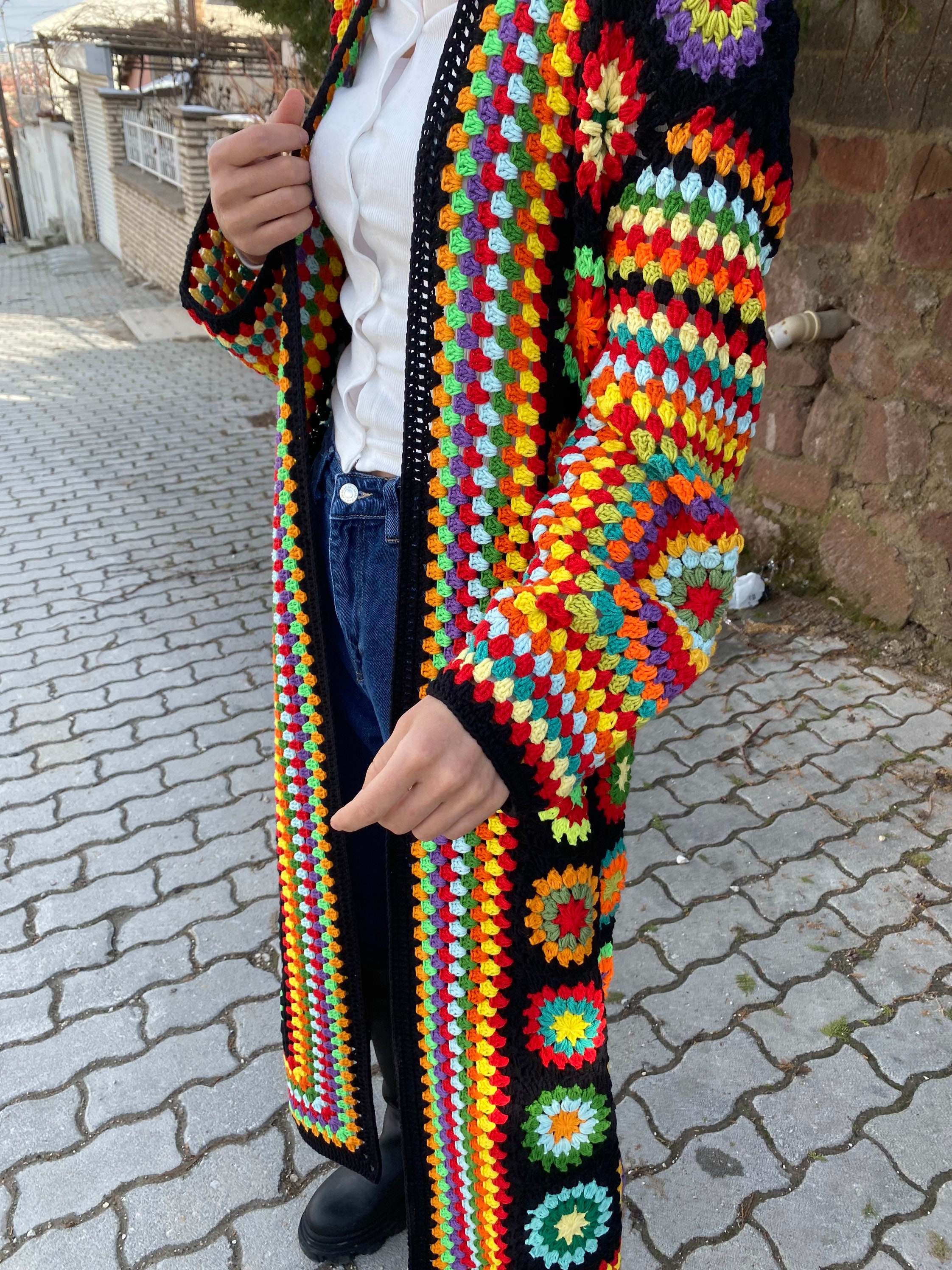 Granny Square Cardigan, Afghan Crochet, Long Granny Square Coat, Granny Square Coat, Crochet Cardigan, Boho Jacket, Granny Square Sweater