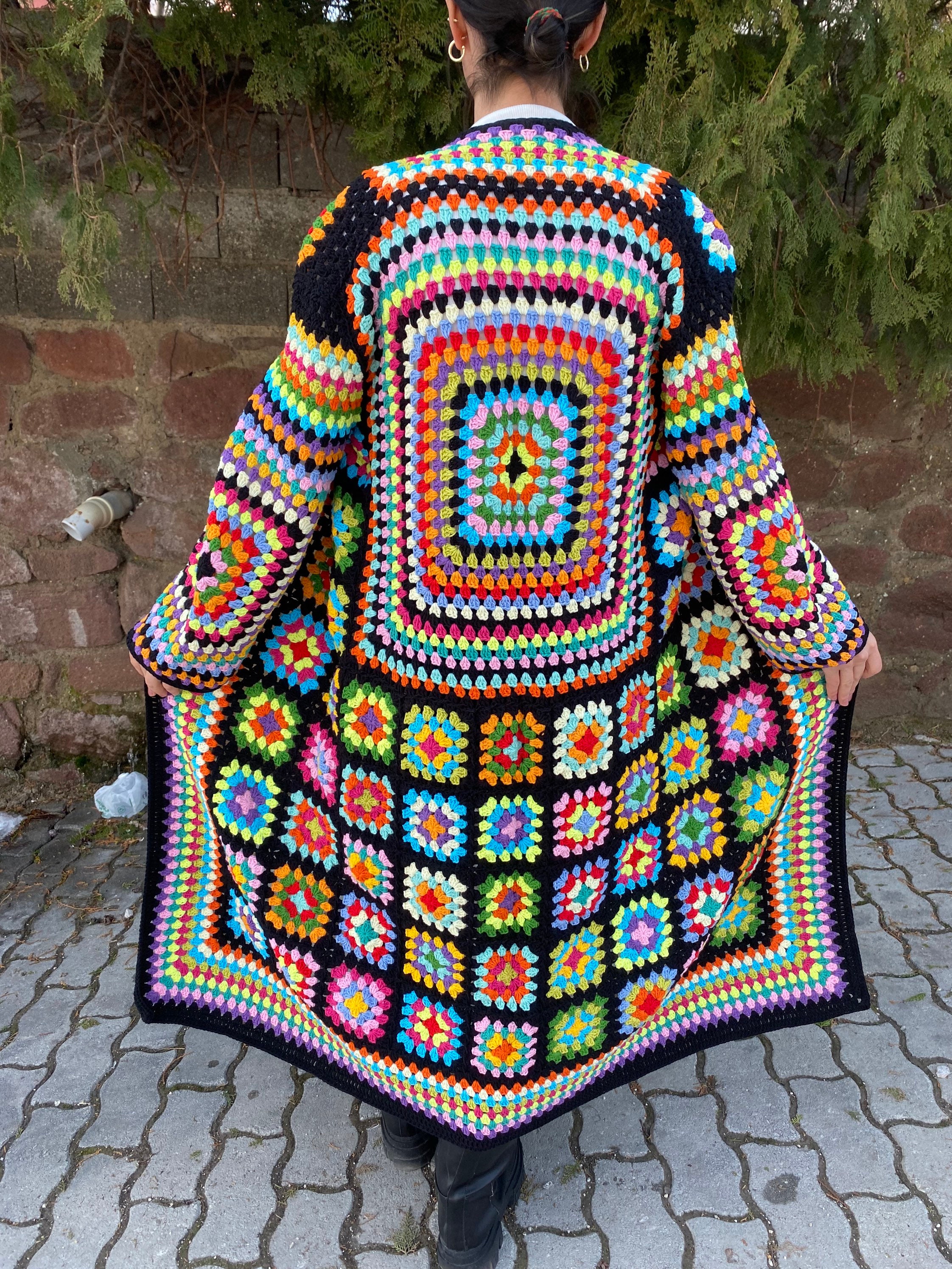 Granny Square Cardigan, Afghan Crocheted Coat, Long Granny Square Coat, Granny Square Jacket, Boh... — photo 3 of 10