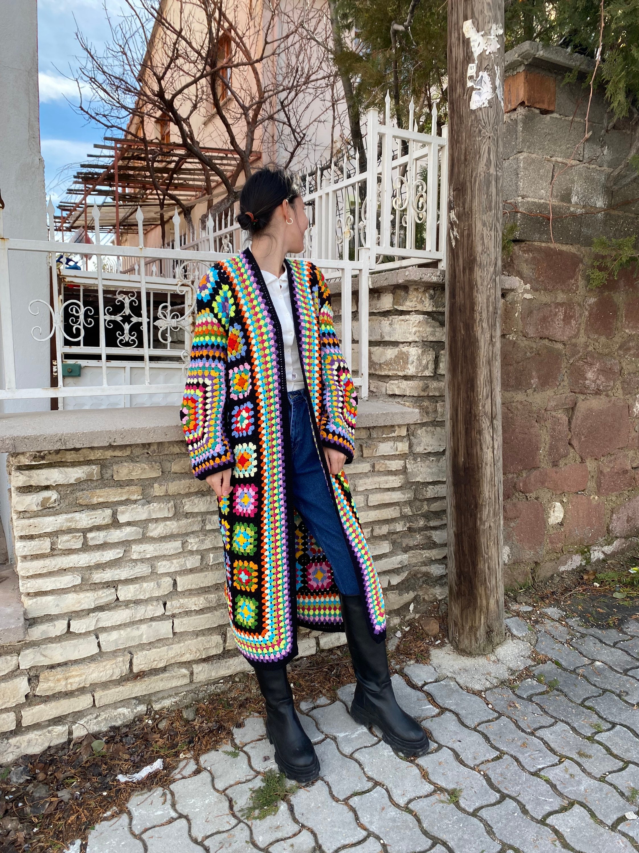 Granny Square Cardigan, Afghan Crocheted Coat, Long Granny Square Coat, Granny Square Jacket, Boh... — photo 6 of 10