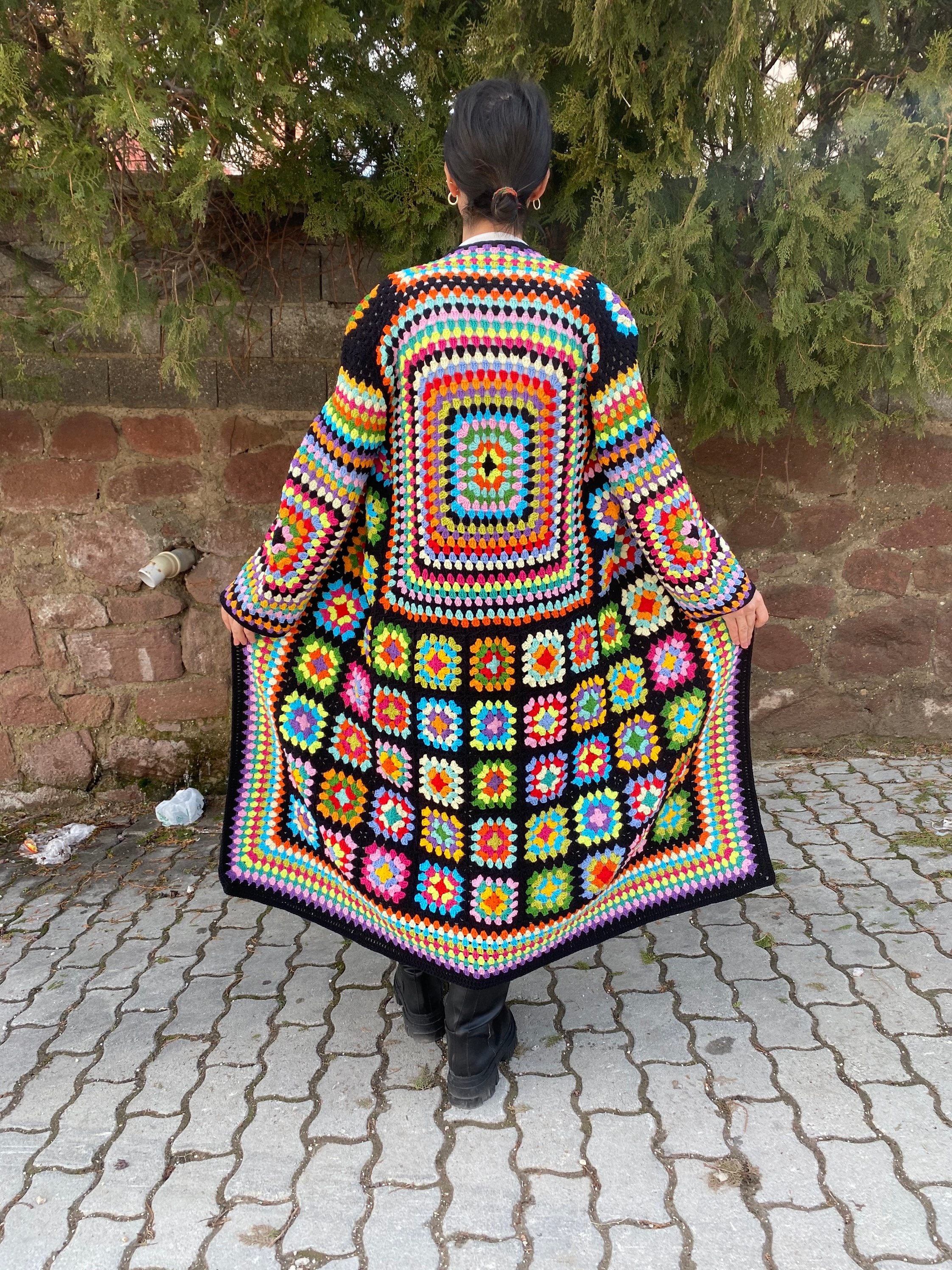 Granny Square Cardigan, Afghan Crocheted Coat, Long Granny Square Coat, Granny Square Jacket, Boh... — photo 4 of 10