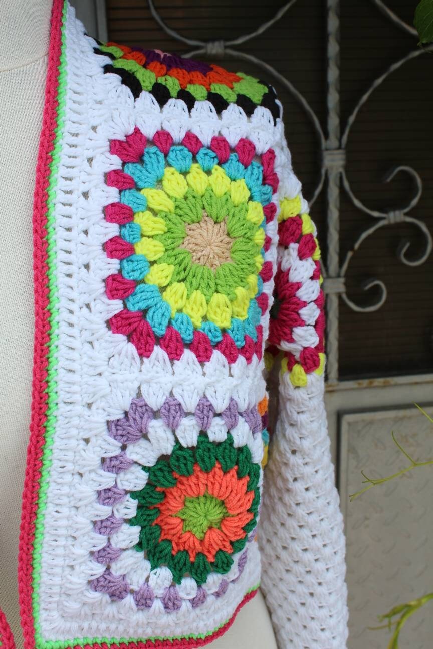Granny Square Cardigan, Afghan Sweater, Granny Square Vest, Bohemian Coat, Boho Style Cardigan, Granny Square Cropped, Patchwork Cardigan