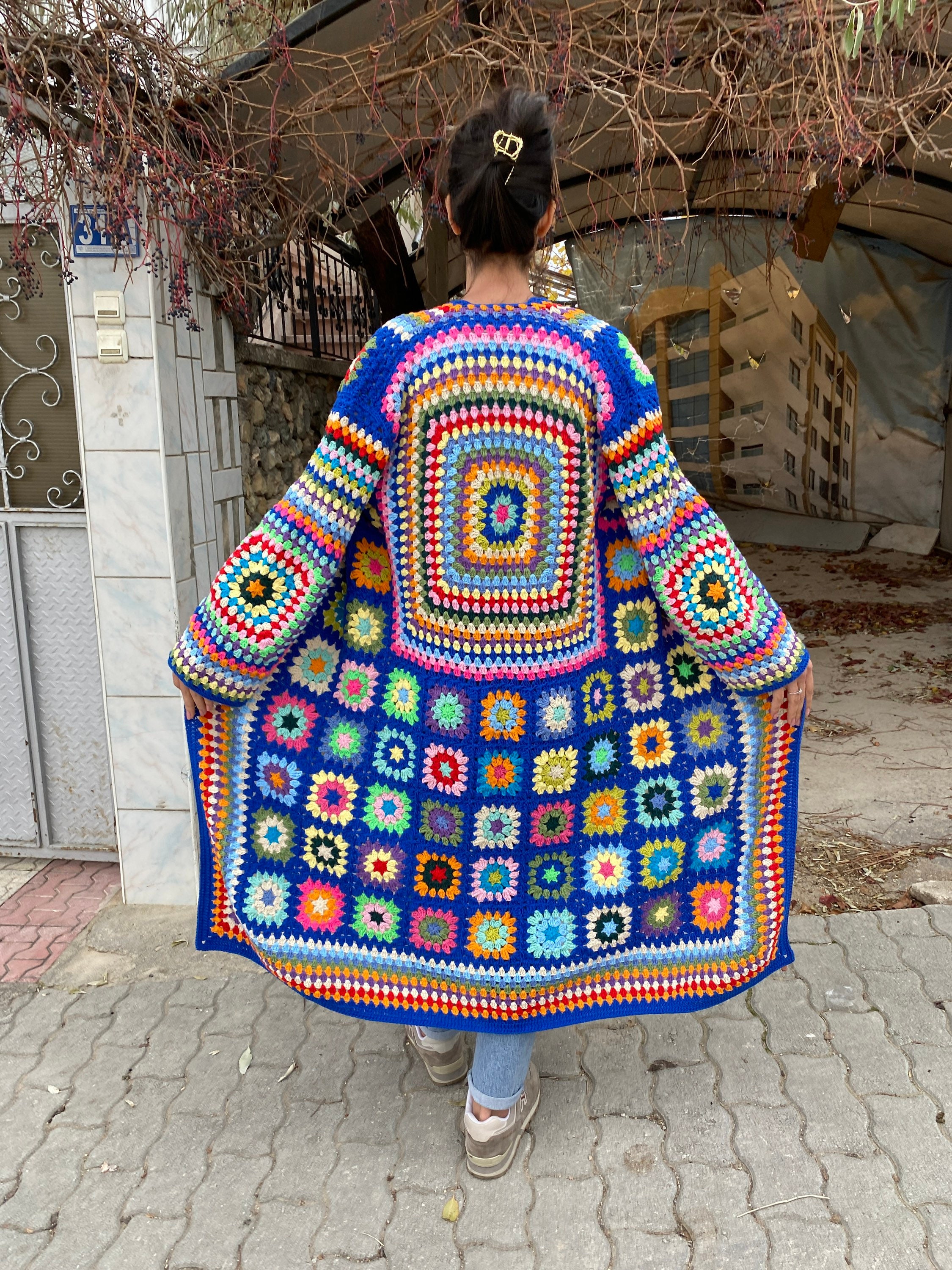 Granny Square Cardigan, Blue Knit Cardigan, Afghan Cardigan, Long Granny Square Coat, Boho Jacket... — photo 3 of 10