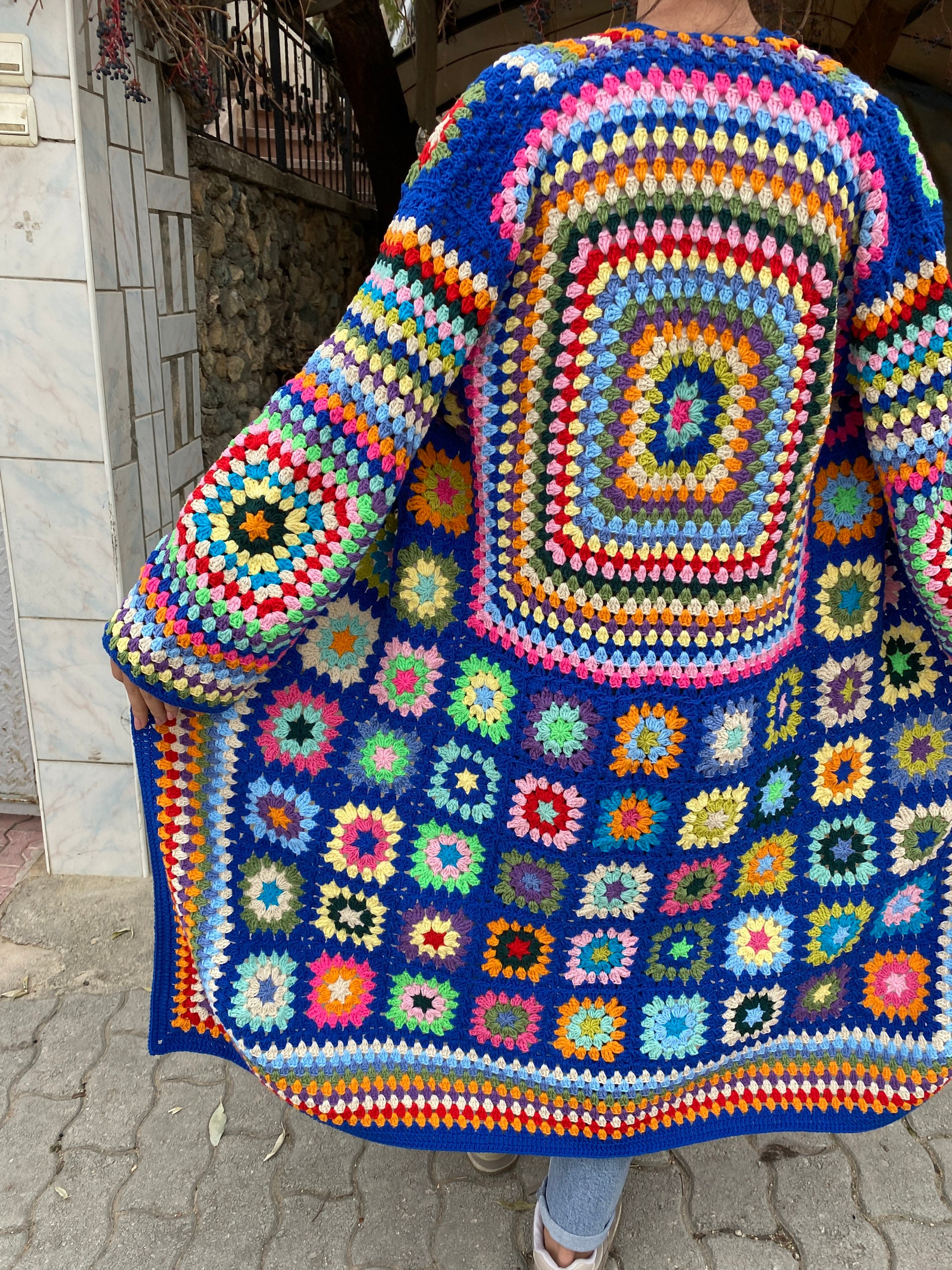 Granny Square Cardigan, Blue Knit Cardigan, Afghan Cardigan, Long Granny Square Coat, Boho Jacket, Granny Square Sweater, Patchwork Jacket