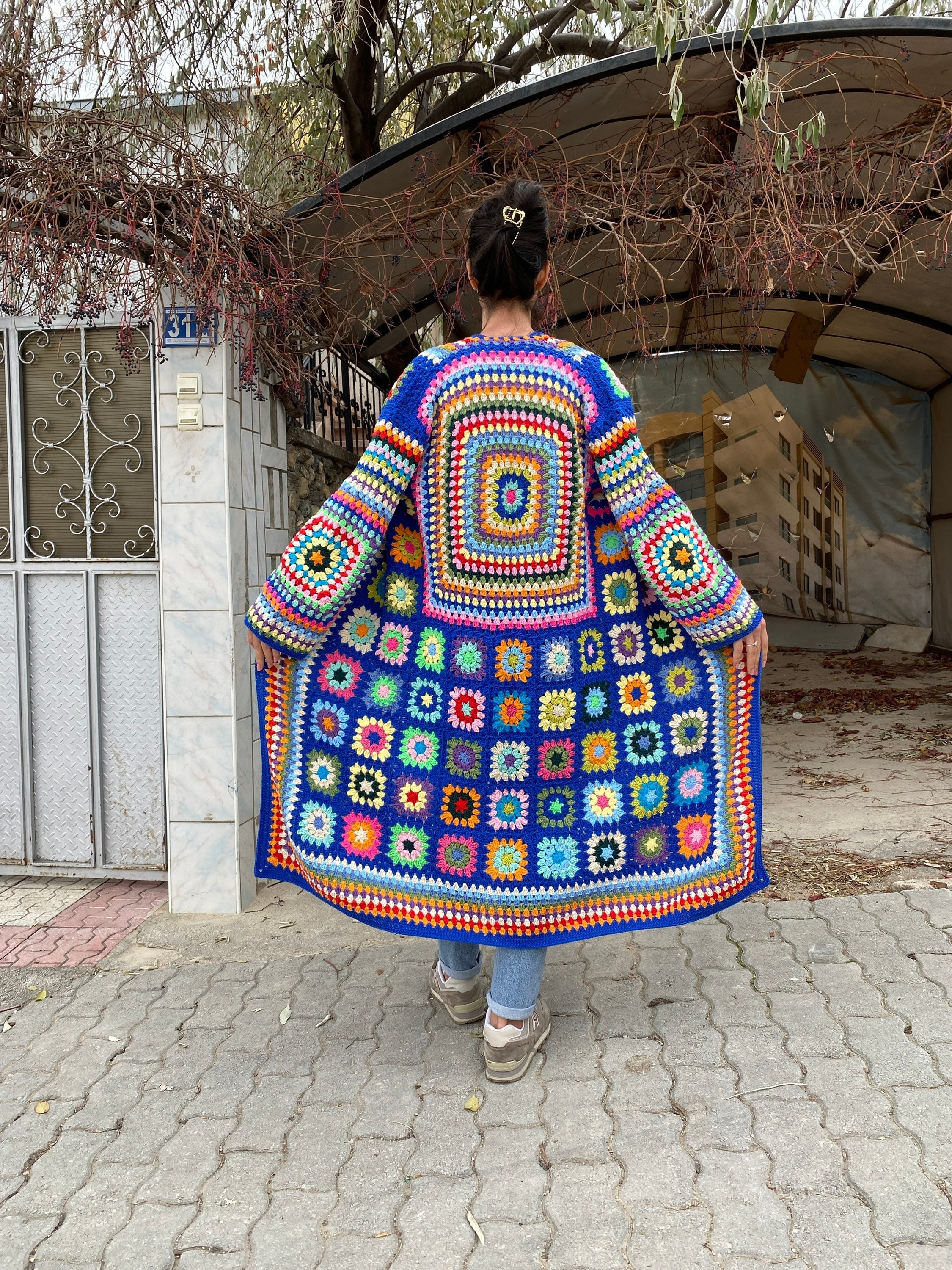 Granny Square Cardigan, Blue Knit Cardigan, Afghan Cardigan, Long Granny Square Coat, Boho Jacket... — photo 6 of 10