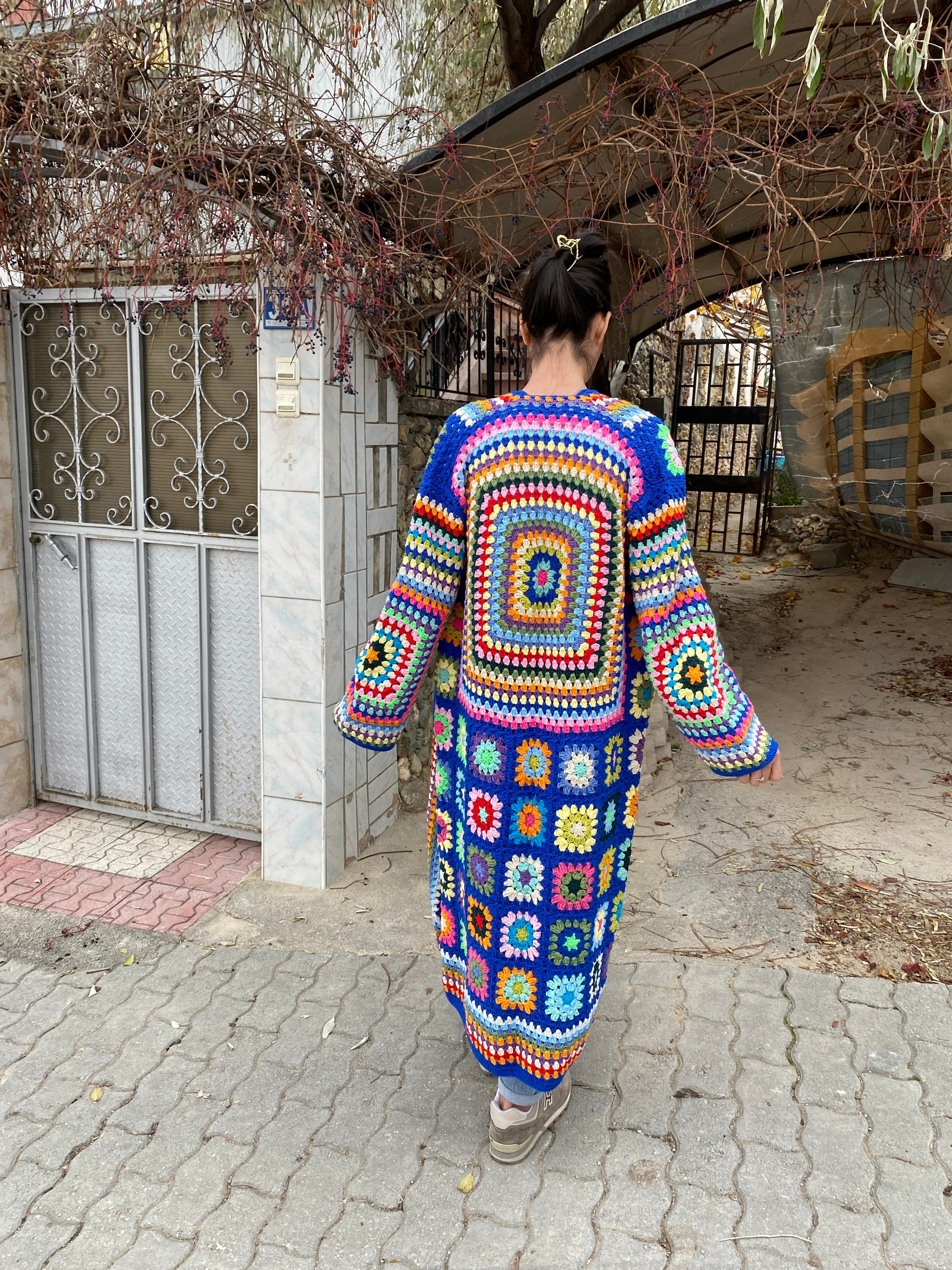 Granny Square Cardigan, Blue Knit Cardigan, Afghan Cardigan, Long Granny Square Coat, Boho Jacket... — photo 7 of 10