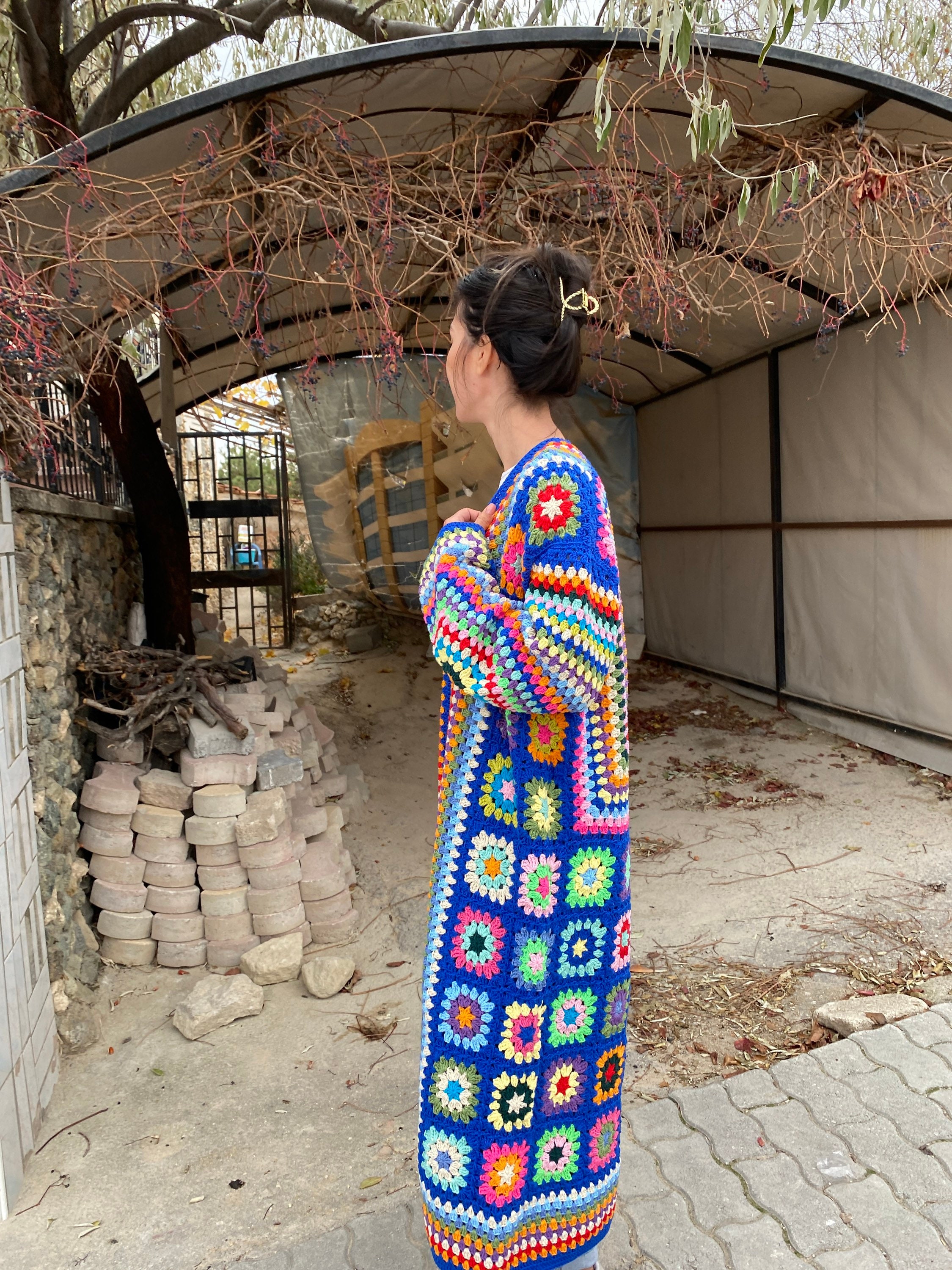Granny Square Cardigan, Blue Knit Cardigan, Afghan Cardigan, Long Granny Square Coat, Boho Jacket... — photo 2 of 10