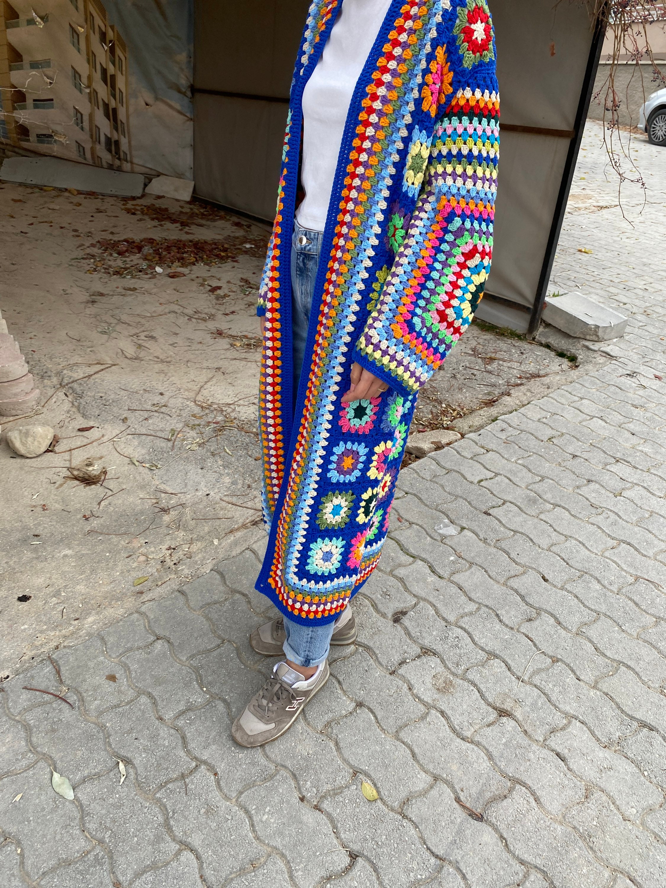 Granny Square Cardigan, Blue Knit Cardigan, Afghan Cardigan, Long Granny Square Coat, Boho Jacket... — photo 5 of 10