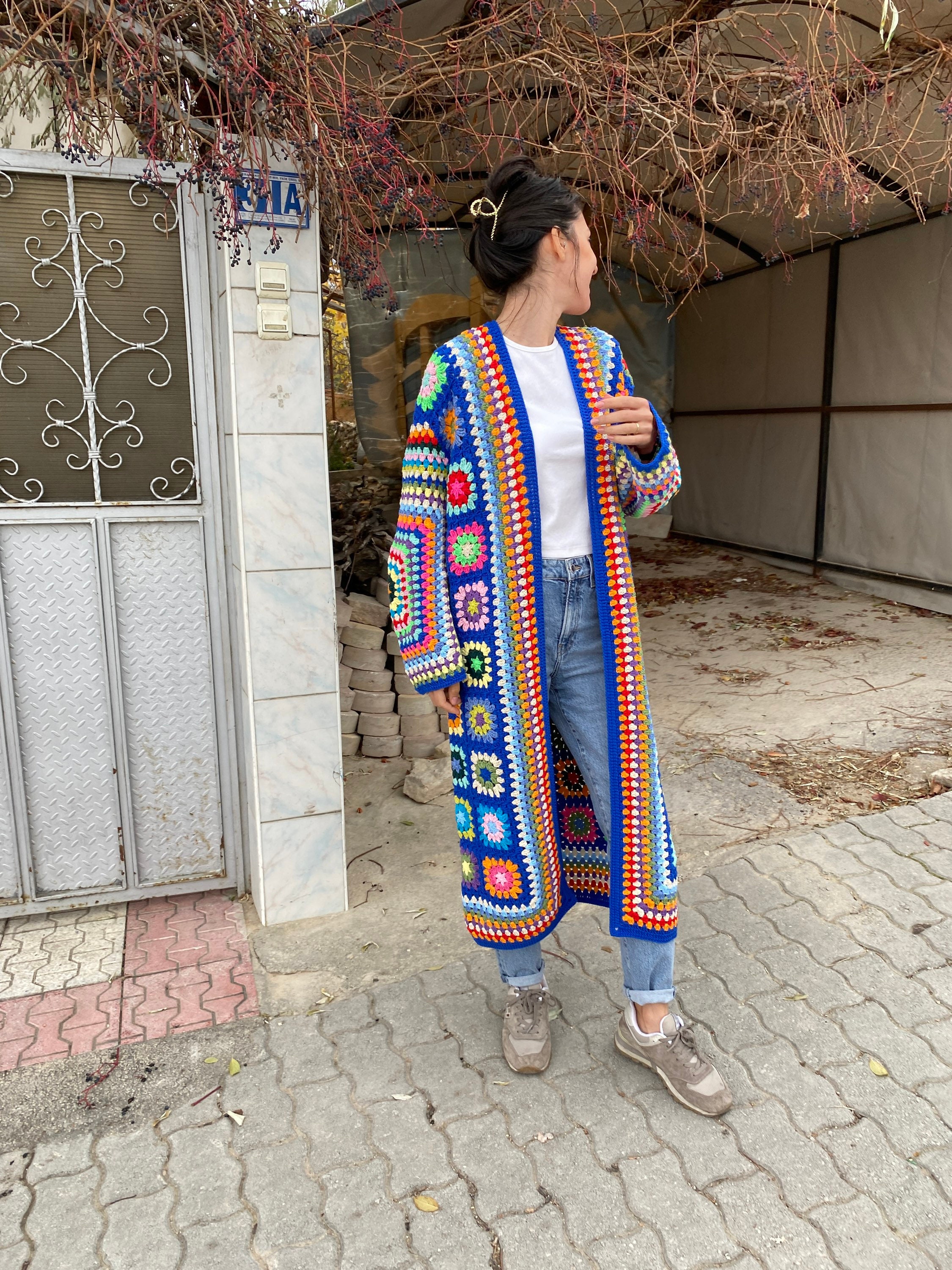 Granny Square Cardigan, Blue Knit Cardigan, Afghan Cardigan, Long Granny Square Coat, Boho Jacket... — photo 4 of 10