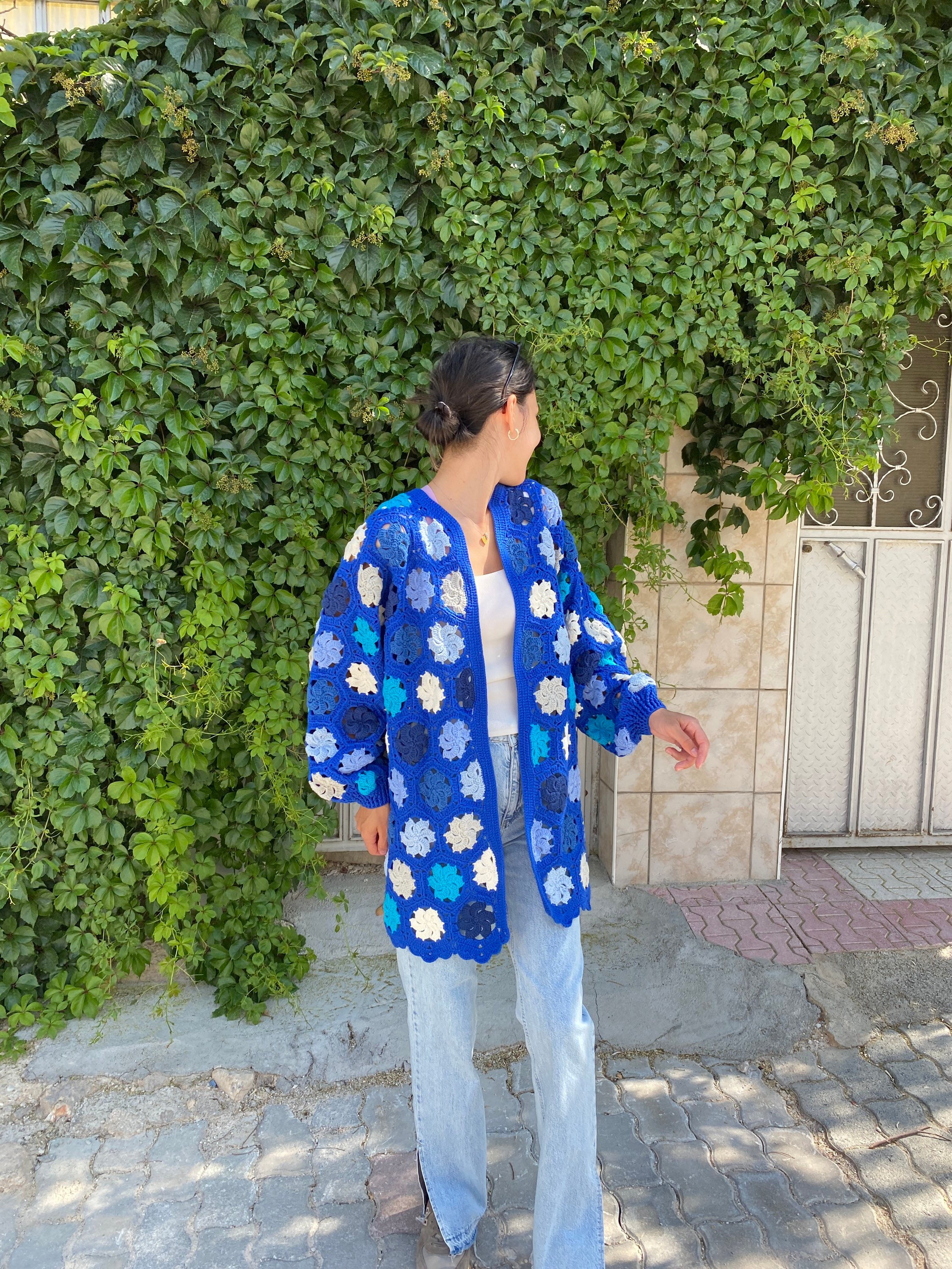 Granny Square Cardigan, Blue White Cardigan, Crochet Afghan Cardigan, Granny Square Jacket, Afgha... — photo 7 of 10