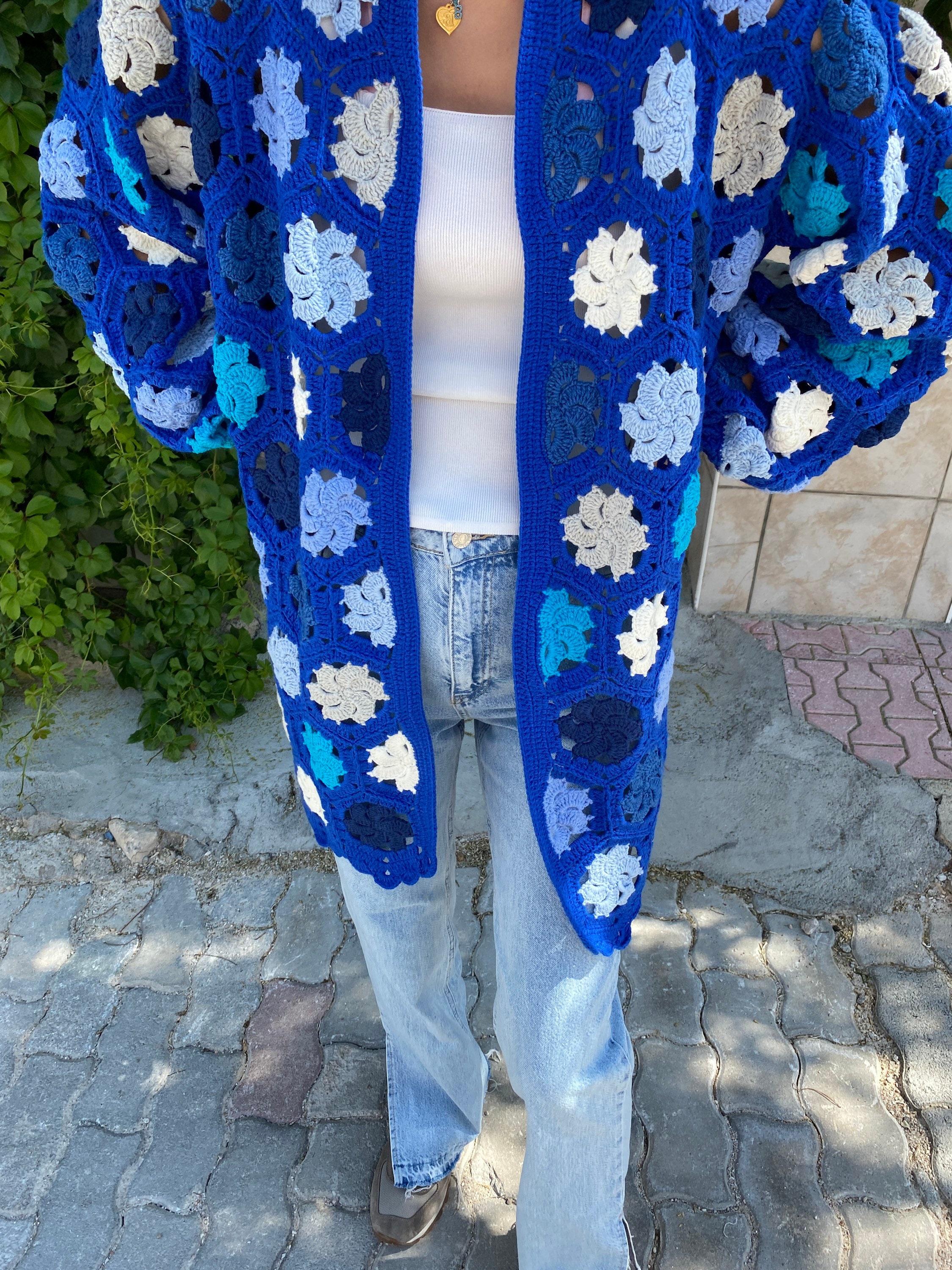 Granny Square Cardigan, Blue White Cardigan, Crochet Afghan Cardigan, Granny Square Jacket, Afgha... — photo 2 of 10