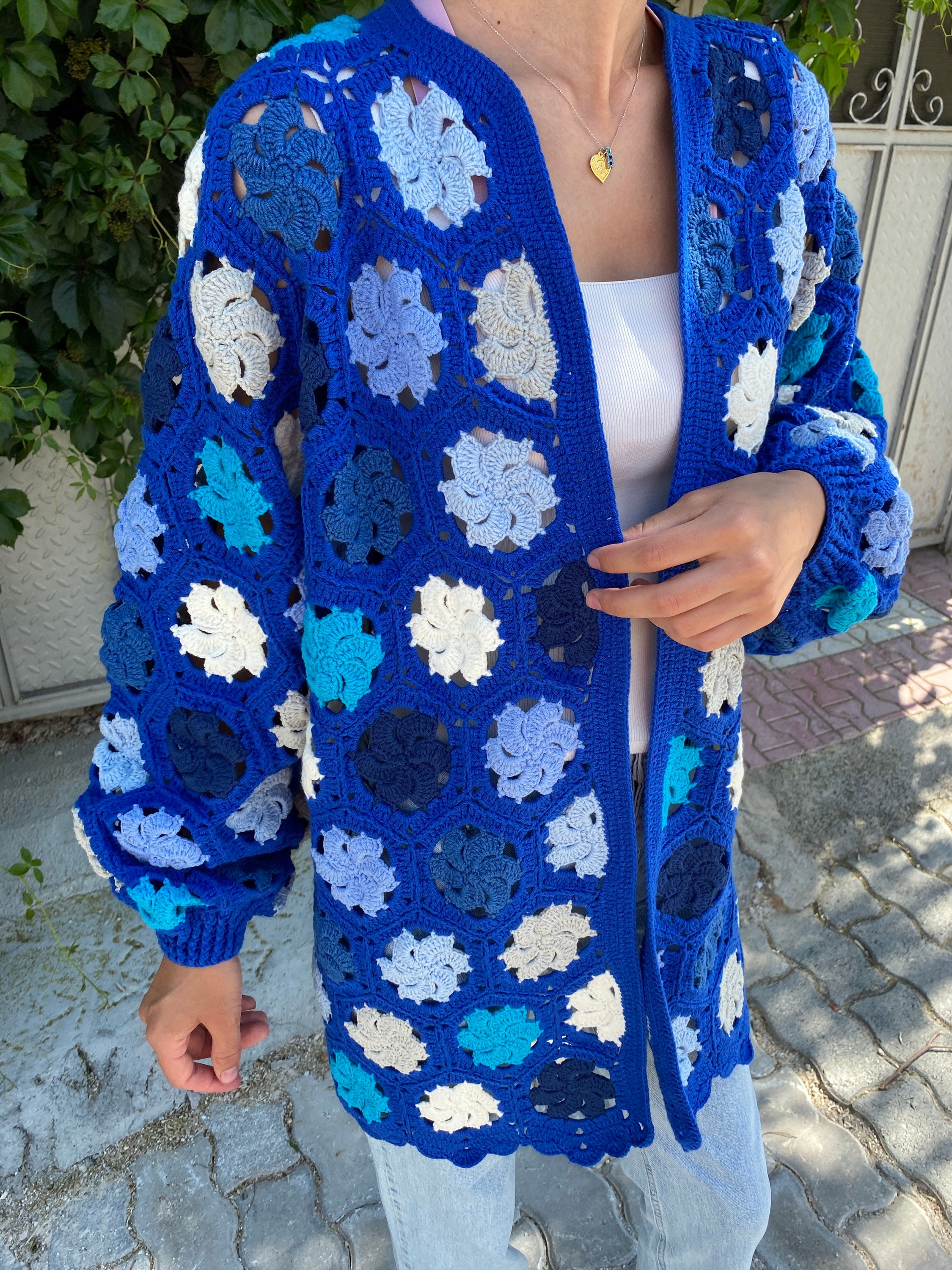 Granny Square Cardigan, Blue White Cardigan, Crochet Afghan Cardigan, Granny Square Jacket, Afghan Coat, Boho Cardigan, Cotton Cardigan