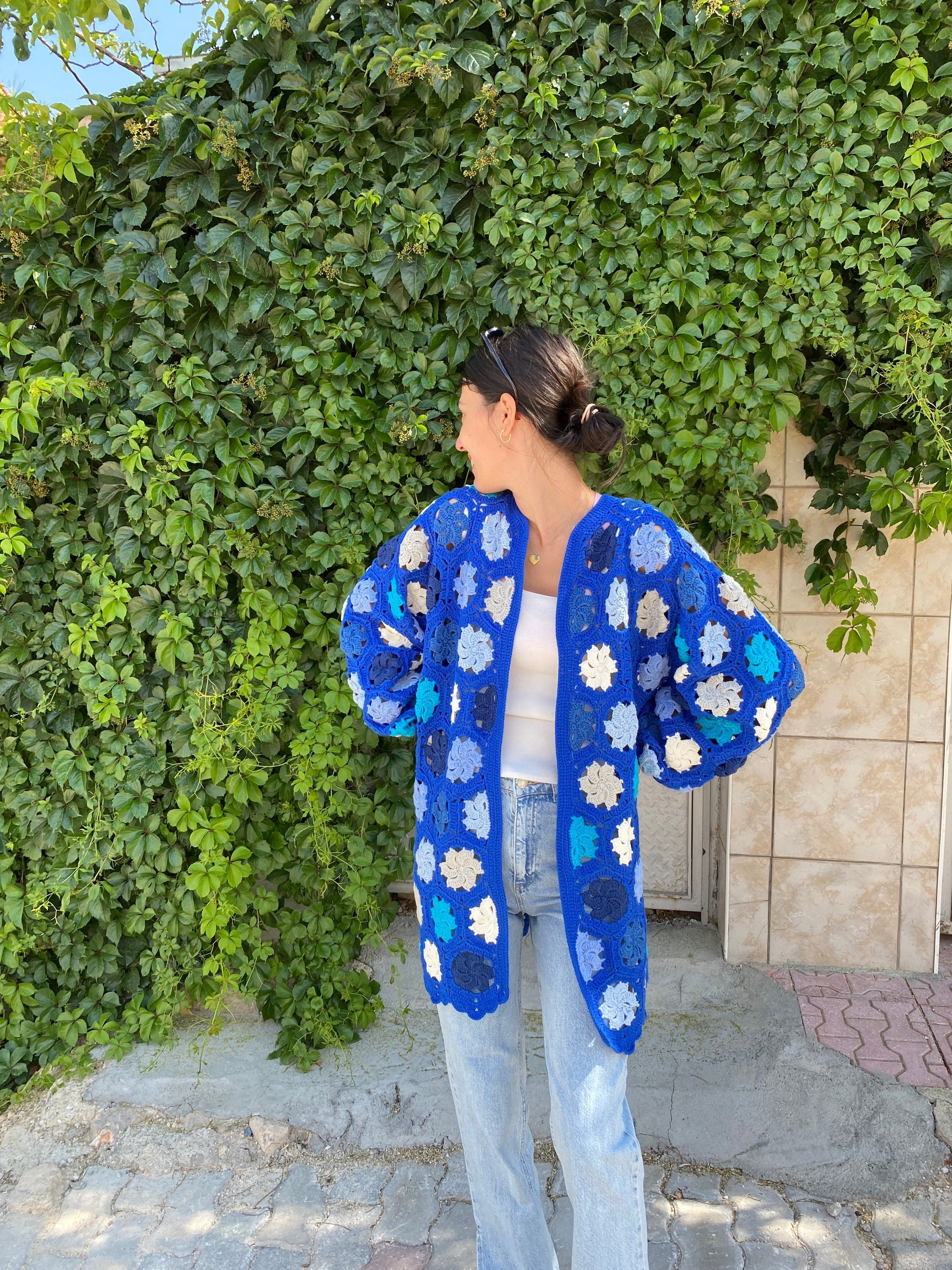 Granny Square Cardigan, Blue White Cardigan, Crochet Afghan Cardigan, Granny Square Jacket, Afgha... — photo 3 of 10