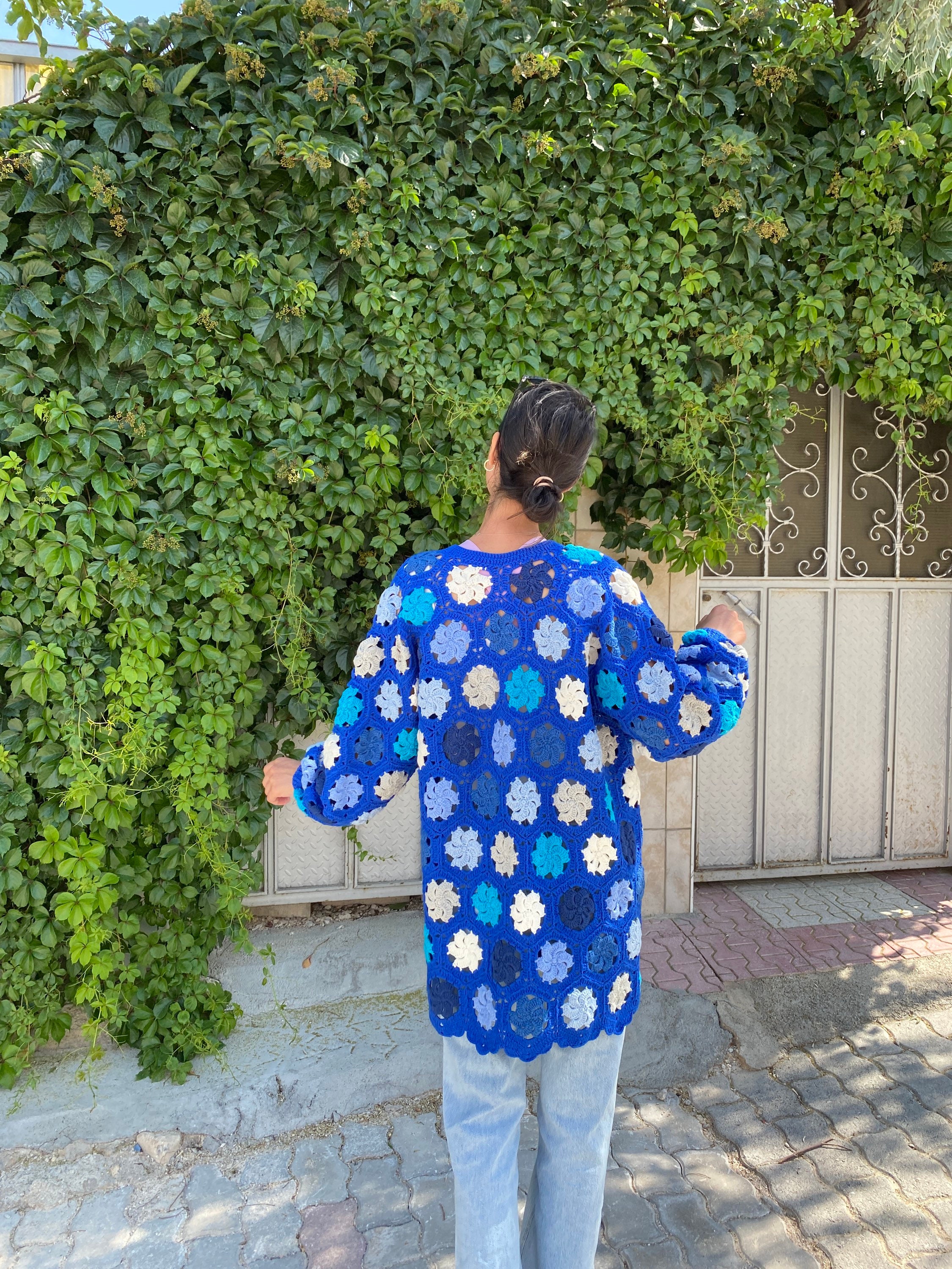 Granny Square Cardigan, Blue White Cardigan, Crochet Afghan Cardigan, Granny Square Jacket, Afgha... — photo 6 of 10