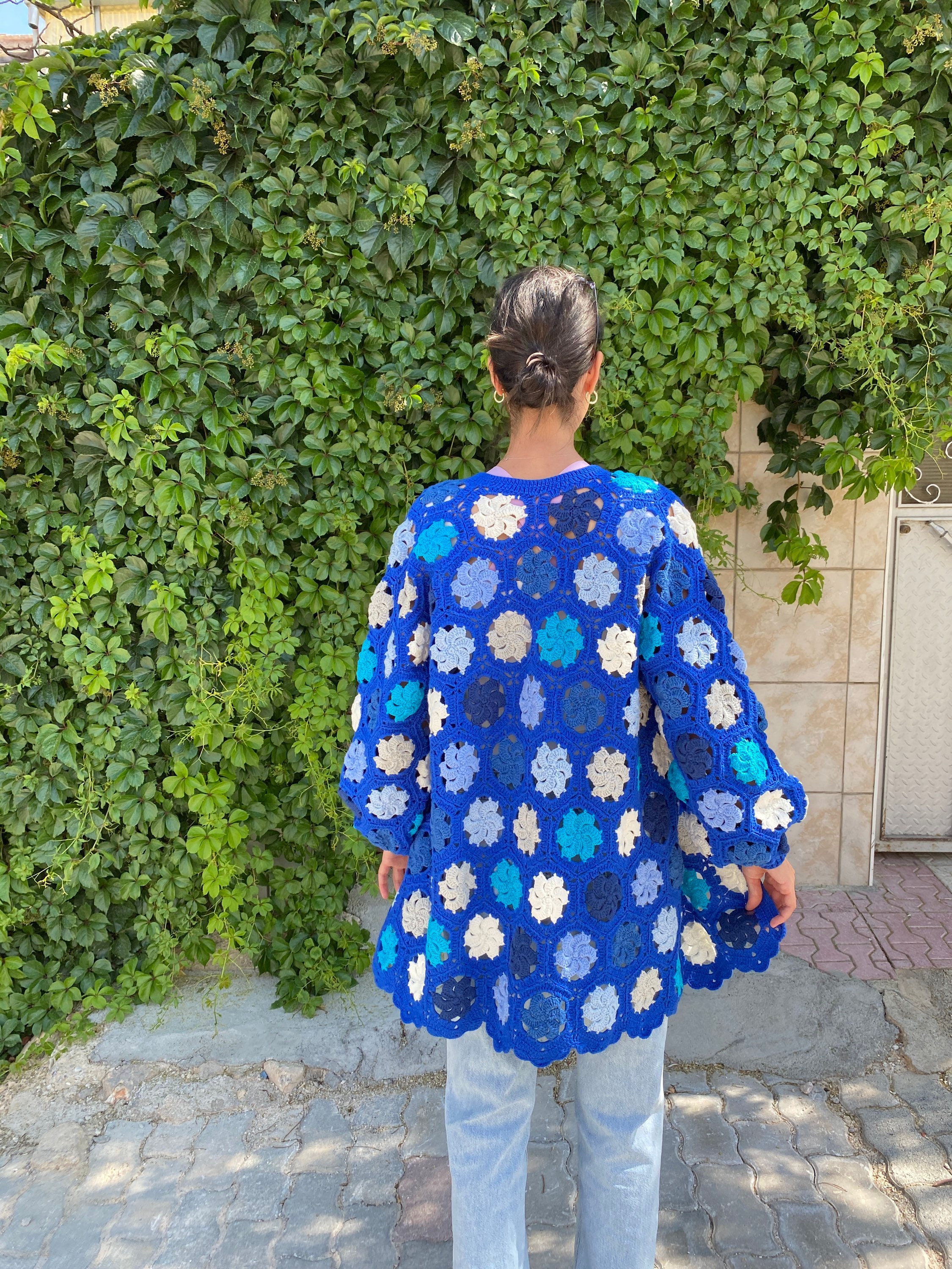 Granny Square Cardigan, Blue White Cardigan, Crochet Afghan Cardigan, Granny Square Jacket, Afgha... — photo 5 of 10