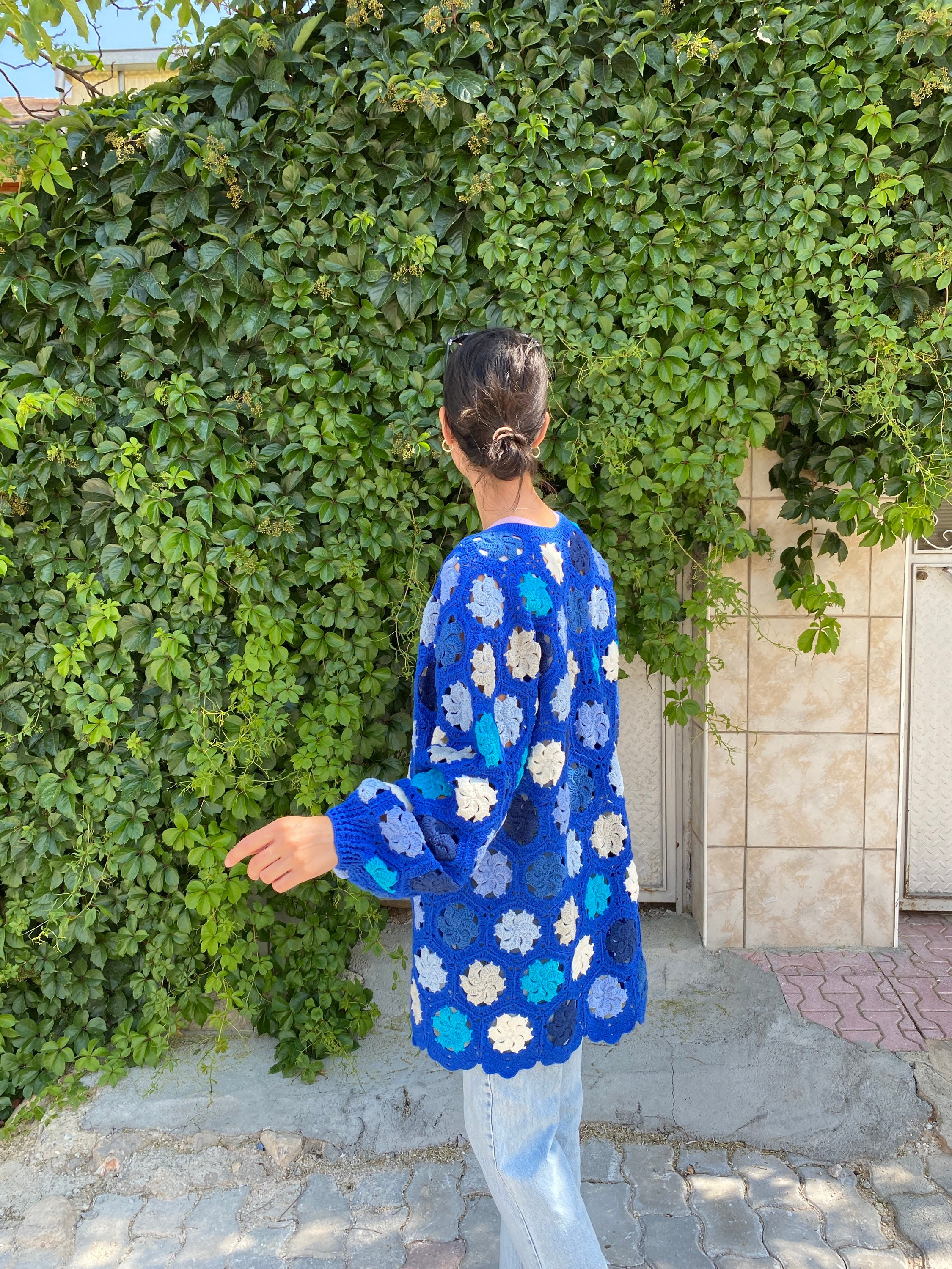 Granny Square Cardigan, Blue White Cardigan, Crochet Afghan Cardigan, Granny Square Jacket, Afgha... — photo 4 of 10