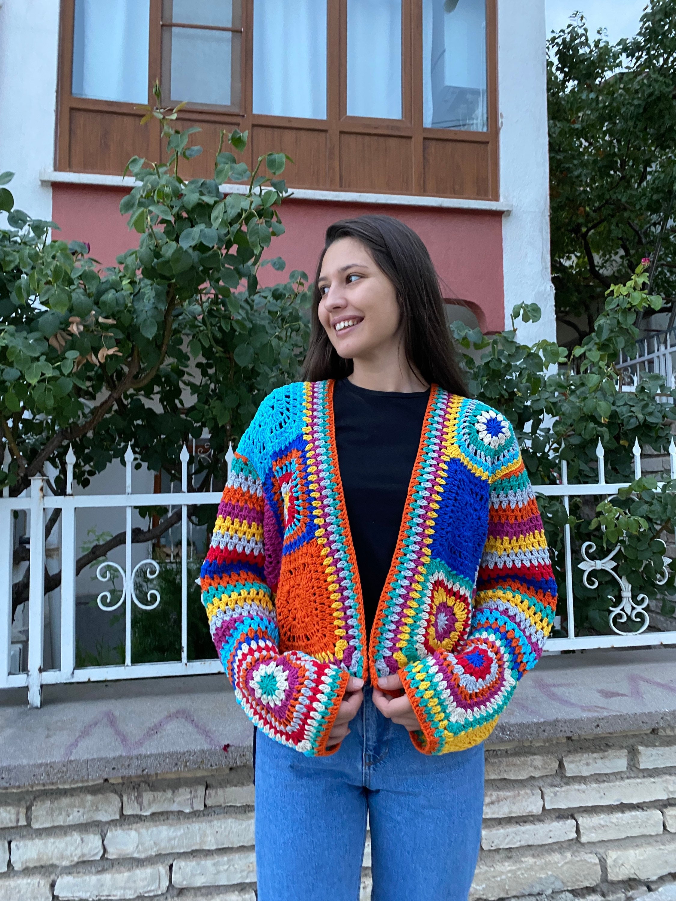 Granny Square Cardigan, Bohemian Cardigan, Crochet Cardigan, Granny Square Jacket, Afghan Coat, Granny Square Vest, Granny Square Sweater