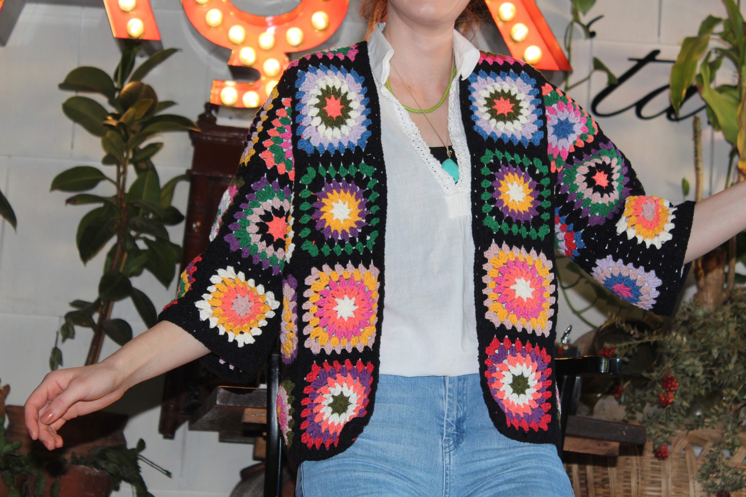 Granny Square Cardigan, Boho Cardigan, Granny Square Coat, Hand Knit Cardigan, Afghan Jacket — photo 4 of 9