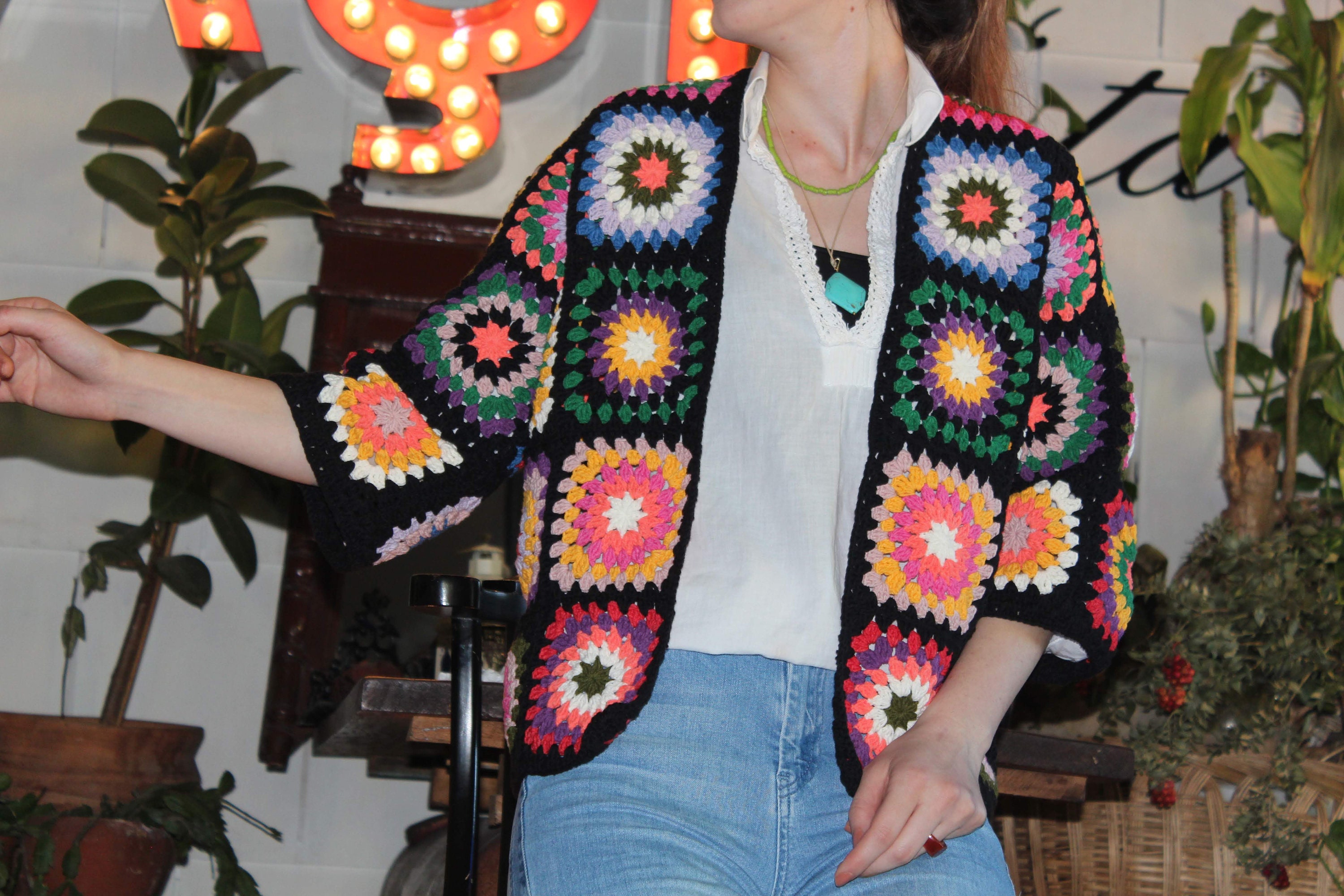 Granny Square Cardigan, Boho Cardigan, Granny Square Coat, Hand Knit Cardigan, Afghan Jacket — photo 5 of 9
