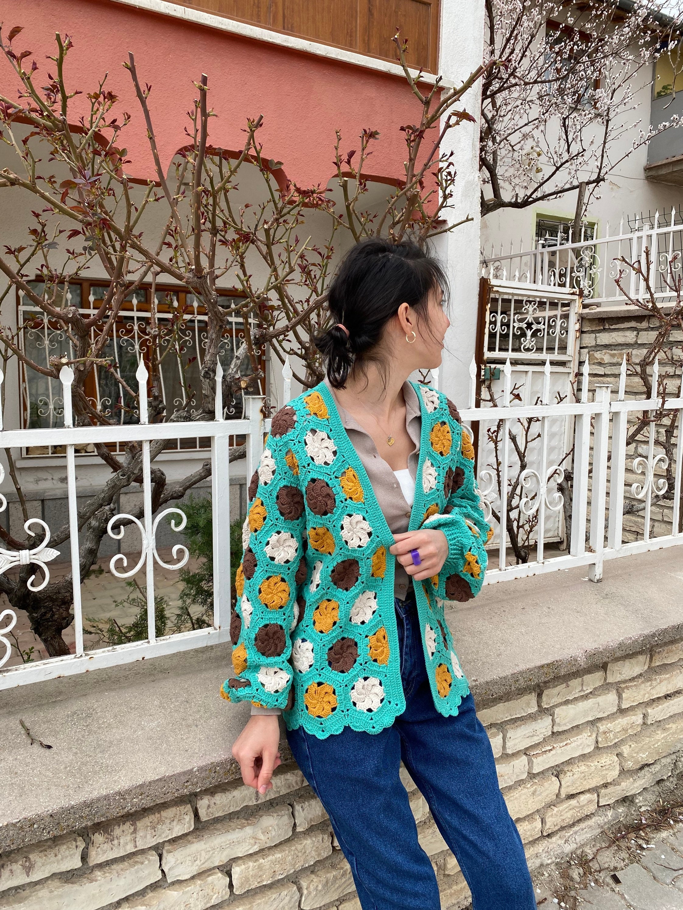 Granny Square Cardigan, Cotton Jacket, Crochet Cardigan, Afghan Coat, Boho Cardigan, Granny Squar... — photo 6 of 10