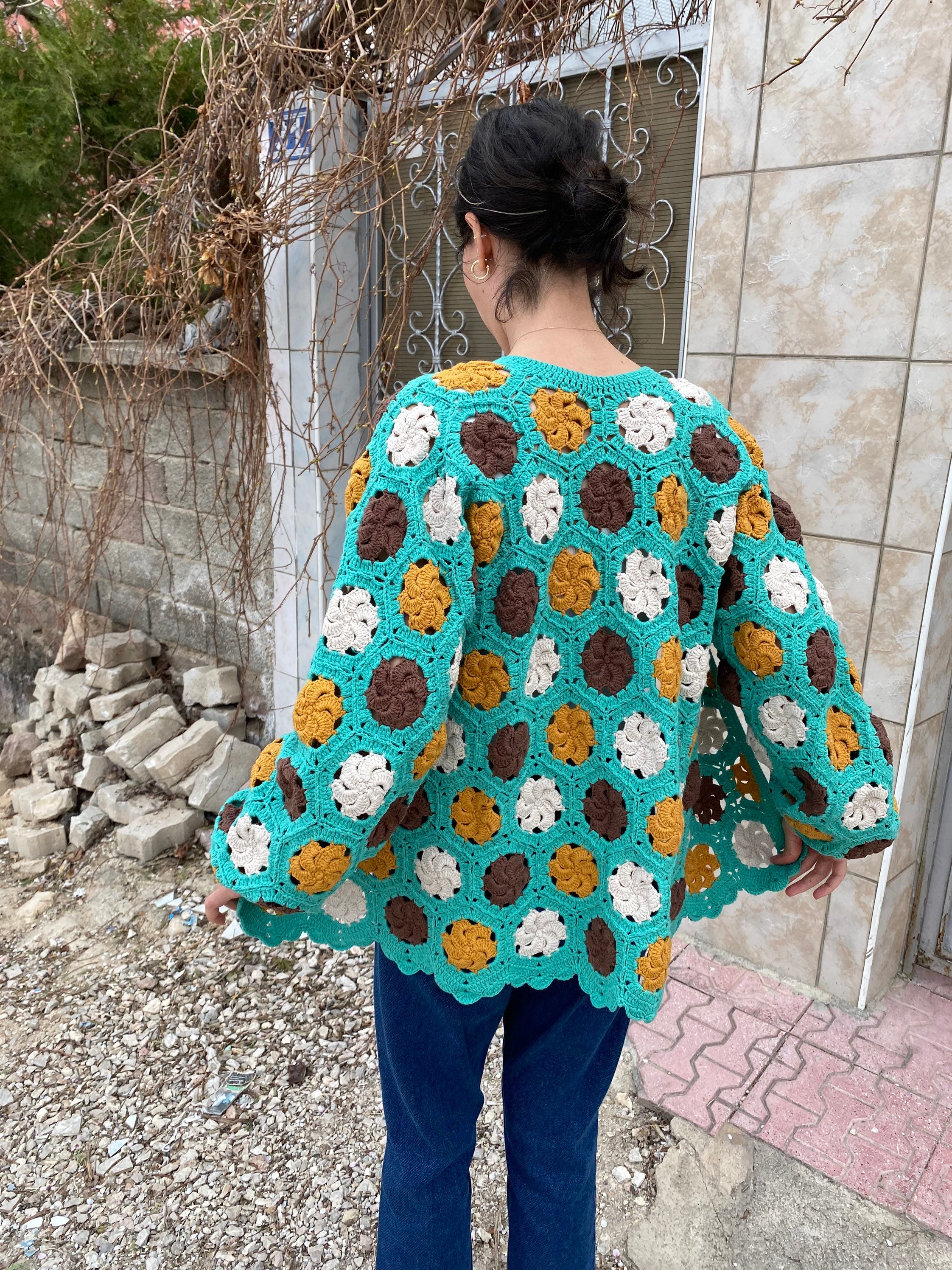 Granny Square Cardigan, Cotton Jacket, Crochet Cardigan, Afghan Coat, Boho Cardigan, Granny Squar... — photo 2 of 10