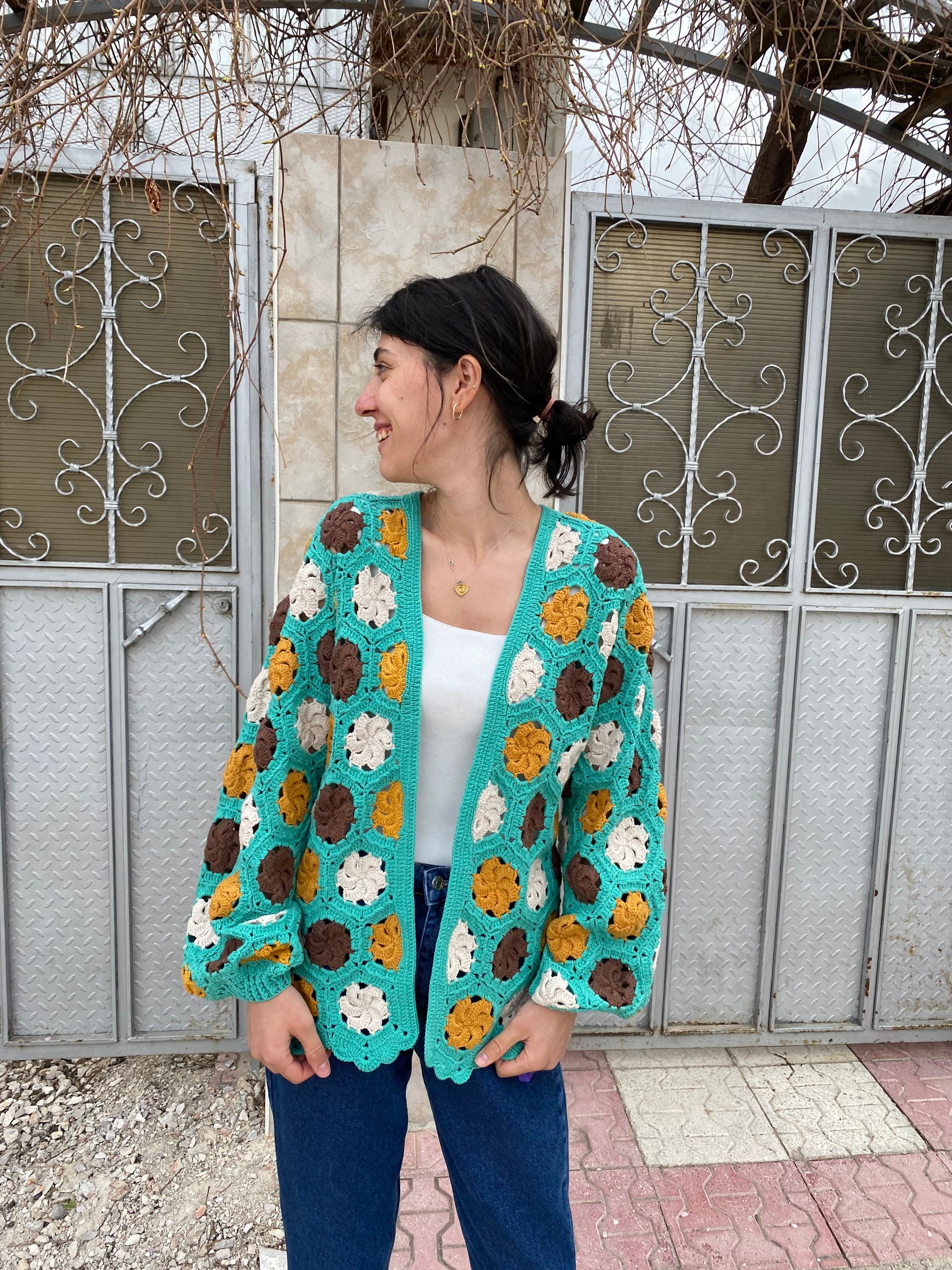 Granny Square Cardigan, Cotton Jacket, Crochet Cardigan, Afghan Coat, Boho Cardigan, Granny Squar... — photo 7 of 10