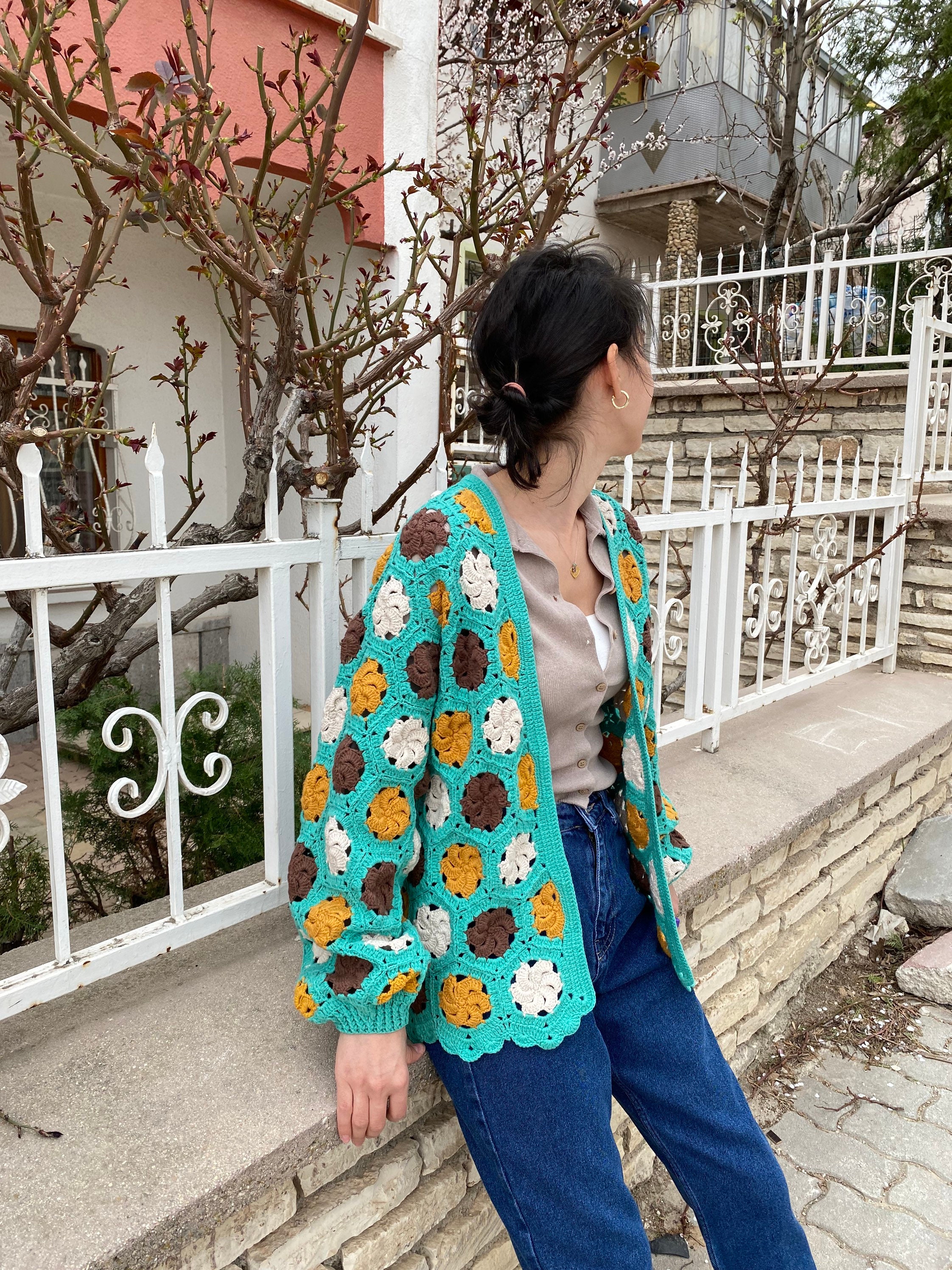 Granny Square Cardigan, Cotton Jacket, Crochet Cardigan, Afghan Coat, Boho Cardigan, Granny Squar... — photo 4 of 10