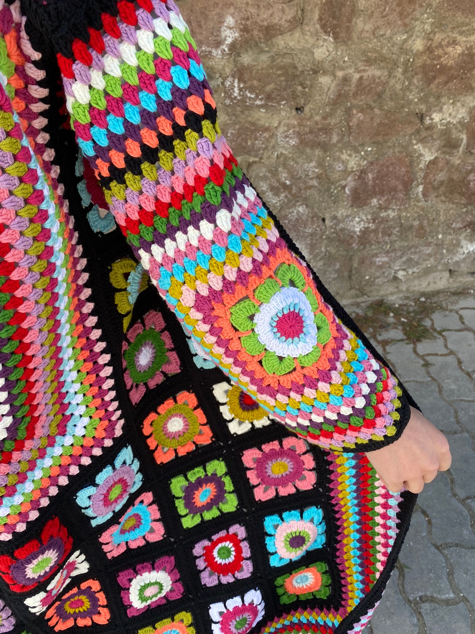Granny Square Cardigan, Crochet Afghan Coat, Boho Hippie Cardigan, Granny Square Jacket, Patchwork Cardigan, Long Cotton Cardigan