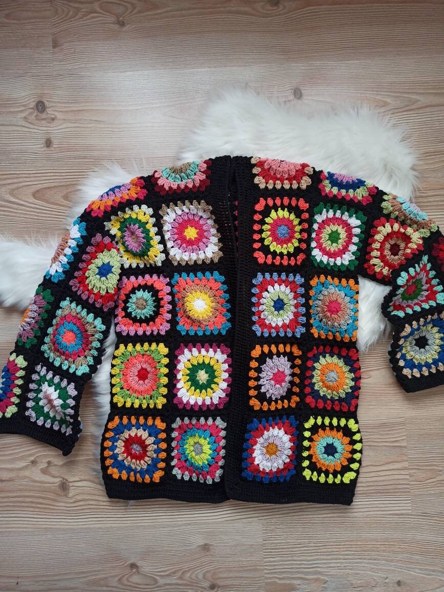 Granny Square Cardigan, Crochet Boho Cardigan, Patchwork Crochet Cardigan, Granny Square Sweater,... — photo 4 of 10