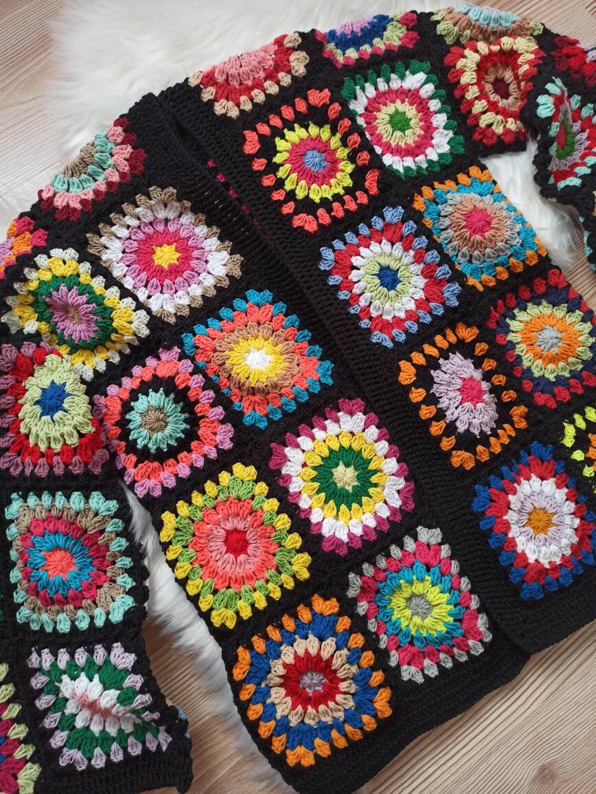Granny Square Cardigan, Crochet Boho Cardigan, Patchwork Crochet Cardigan, Granny Square Sweater,... — photo 2 of 10