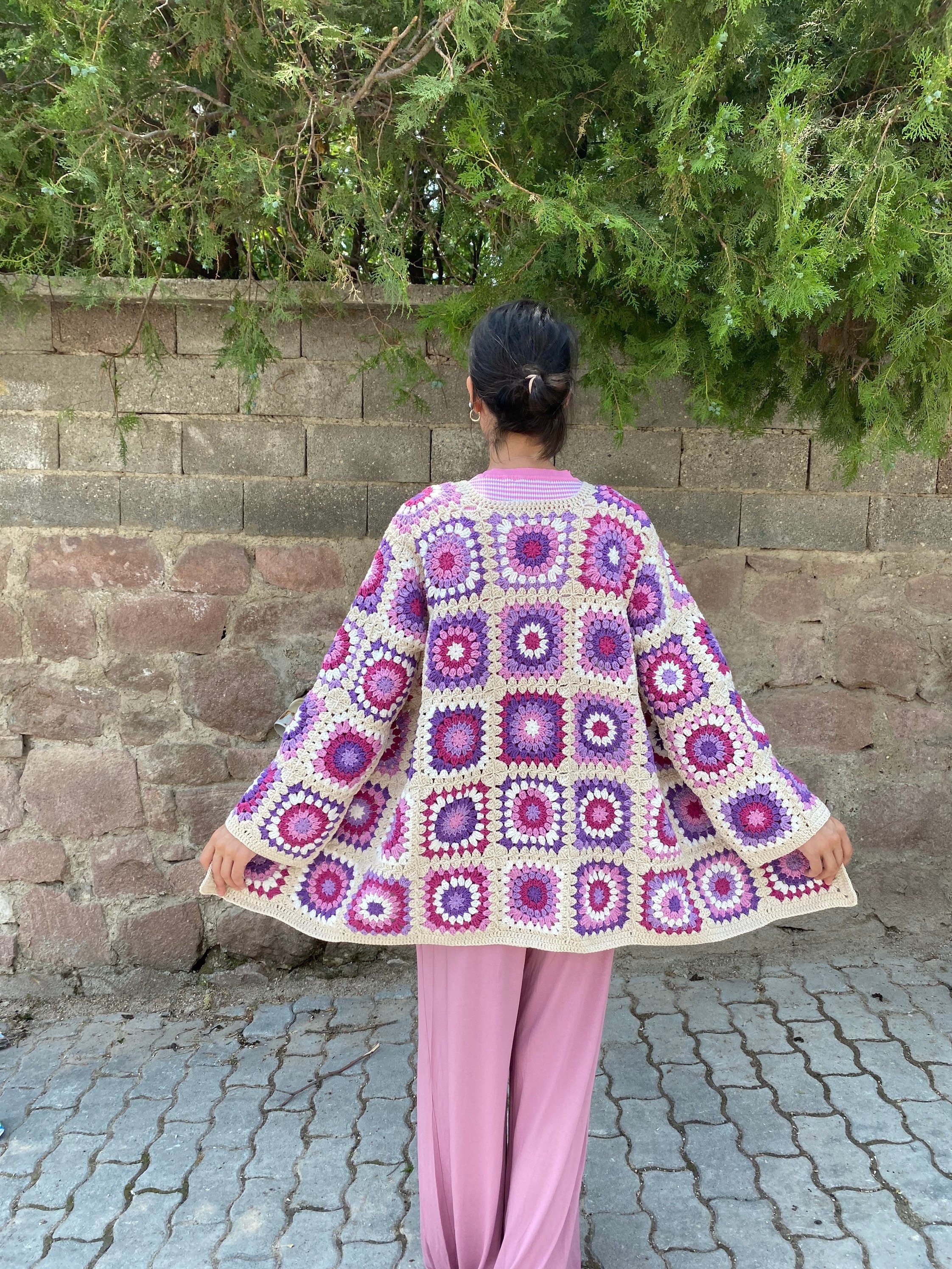Granny Square Cardigan, Crochet Cardigan, Granny Square Coat, Afghan Coat, Lilac Jacket, Granny S... — photo 6 of 10