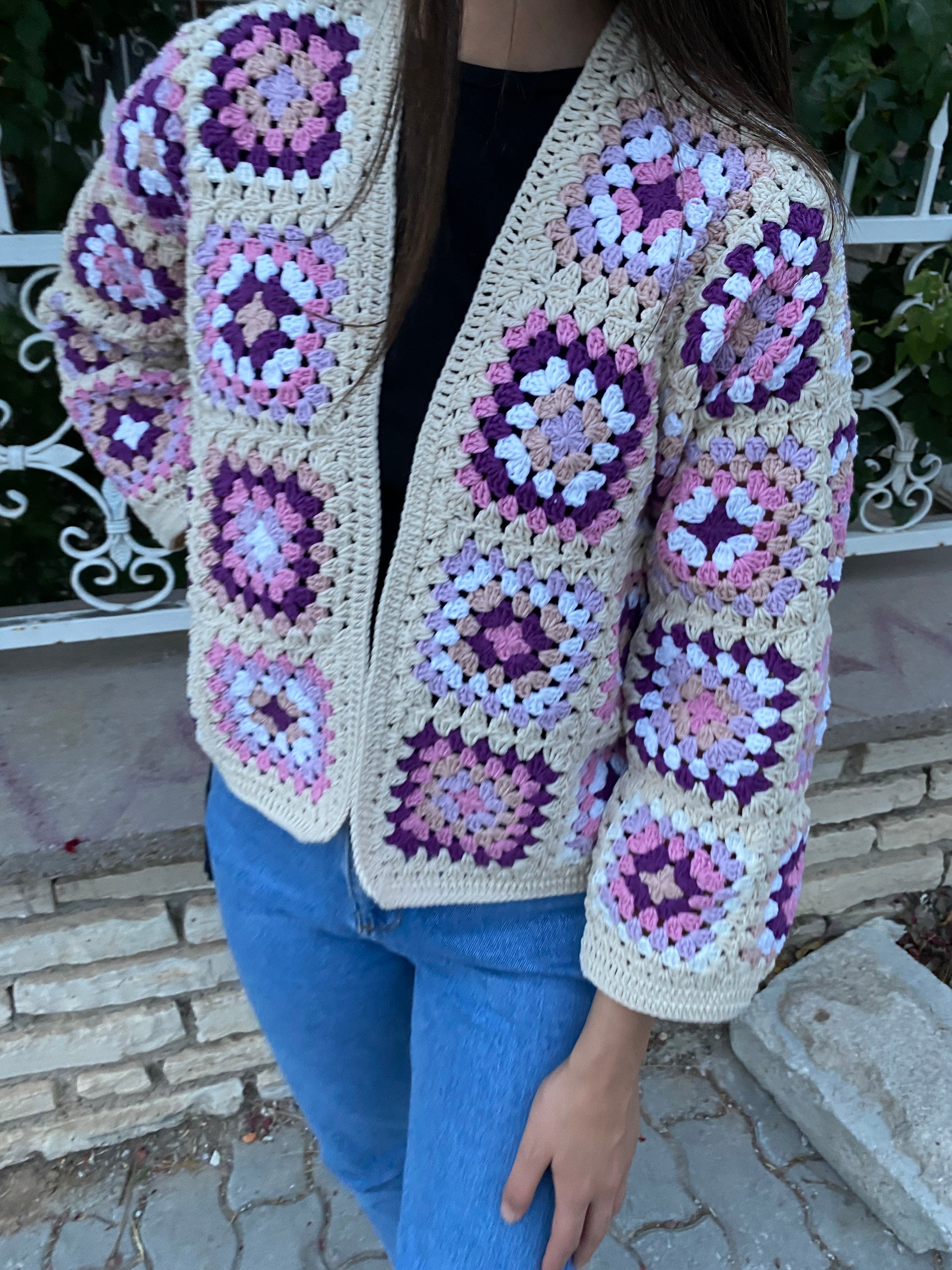 Granny Square Cardigan, Crochet Jacket, Granny Square Sweater, Afghan Cardigan, Boho Jacket, Patchwork Sweater, Ecru Cardigan, Cotton Jacket
