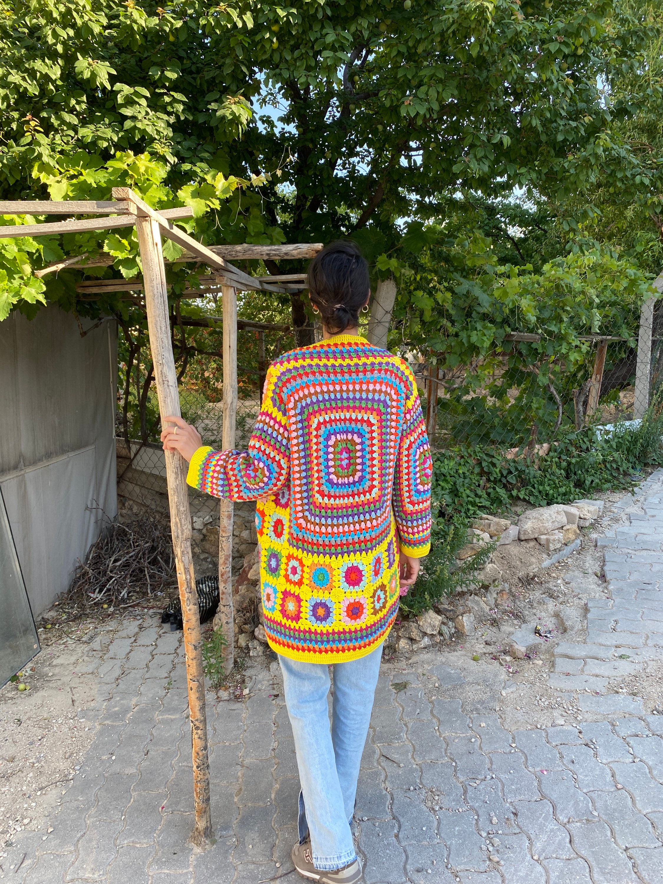 Granny Square Cardigan, Knit Cardigan, Afghan Crochet, Yellow Granny Square Coat, Granny Square C... — photo 5 of 10
