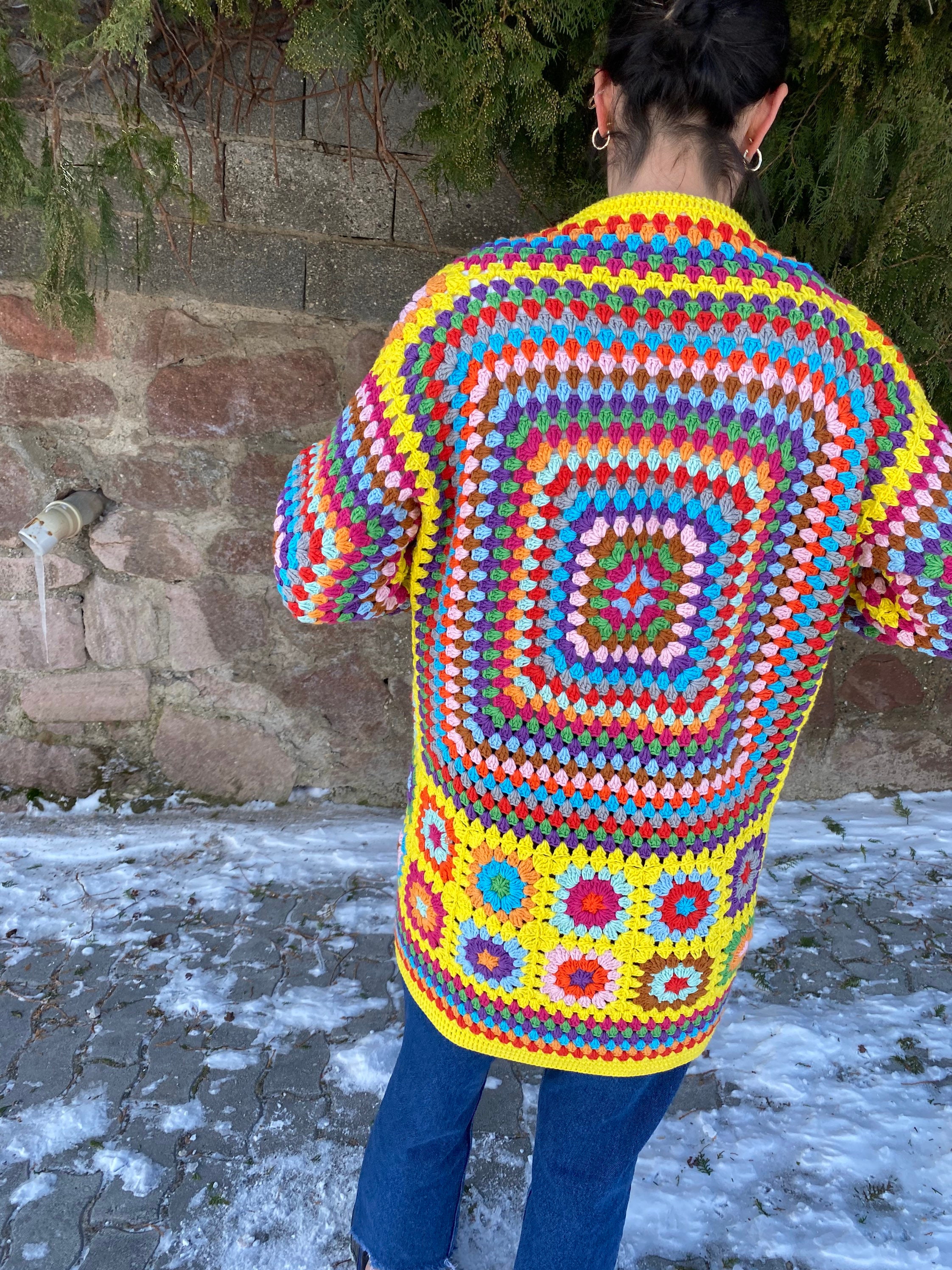 Granny Square Cardigan, Knit Cardigan, Afghan Crochet, Yellow Granny Square Coat, Granny Square C... — photo 2 of 10