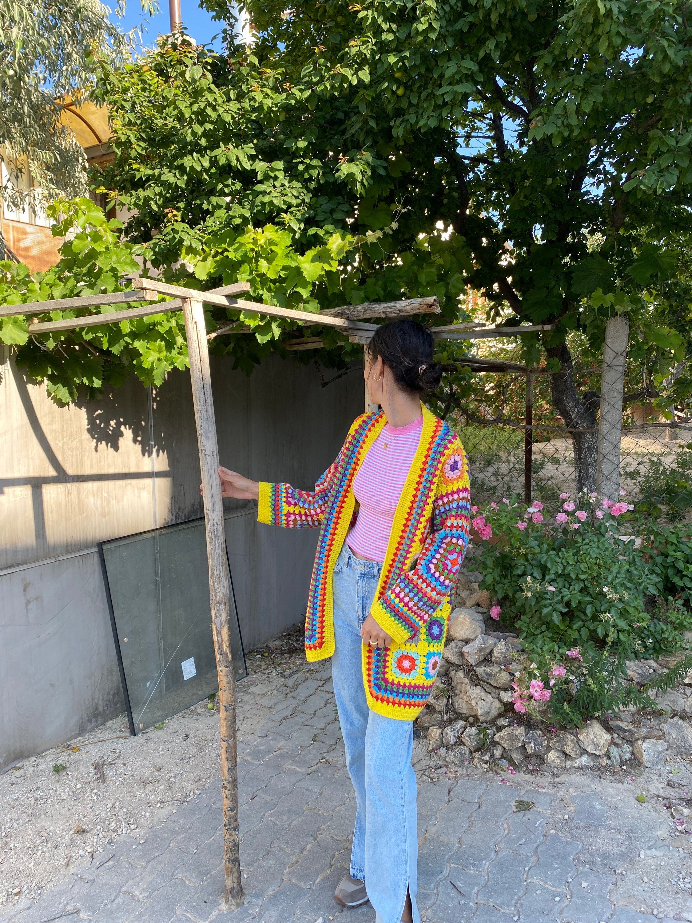 Granny Square Cardigan, Knit Cardigan, Afghan Crochet, Yellow Granny Square Coat, Granny Square C... — photo 3 of 10
